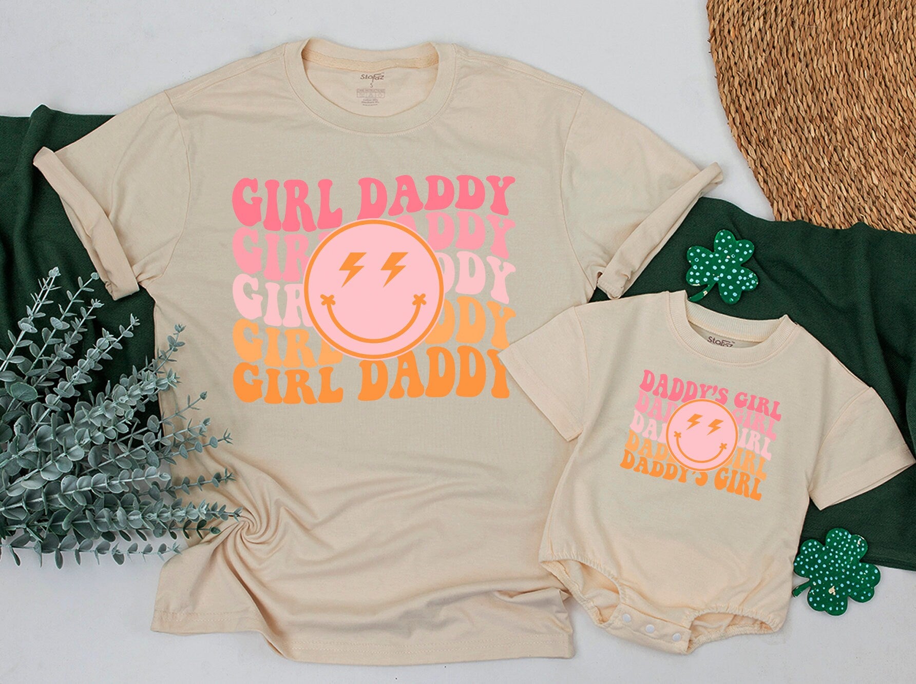 Personalized Girl Daddy Daddy's Girl Shirts Retro Smiley Face Matching Family Outfit Custom Baby Toddler Gift Vibrant Pink Orange
