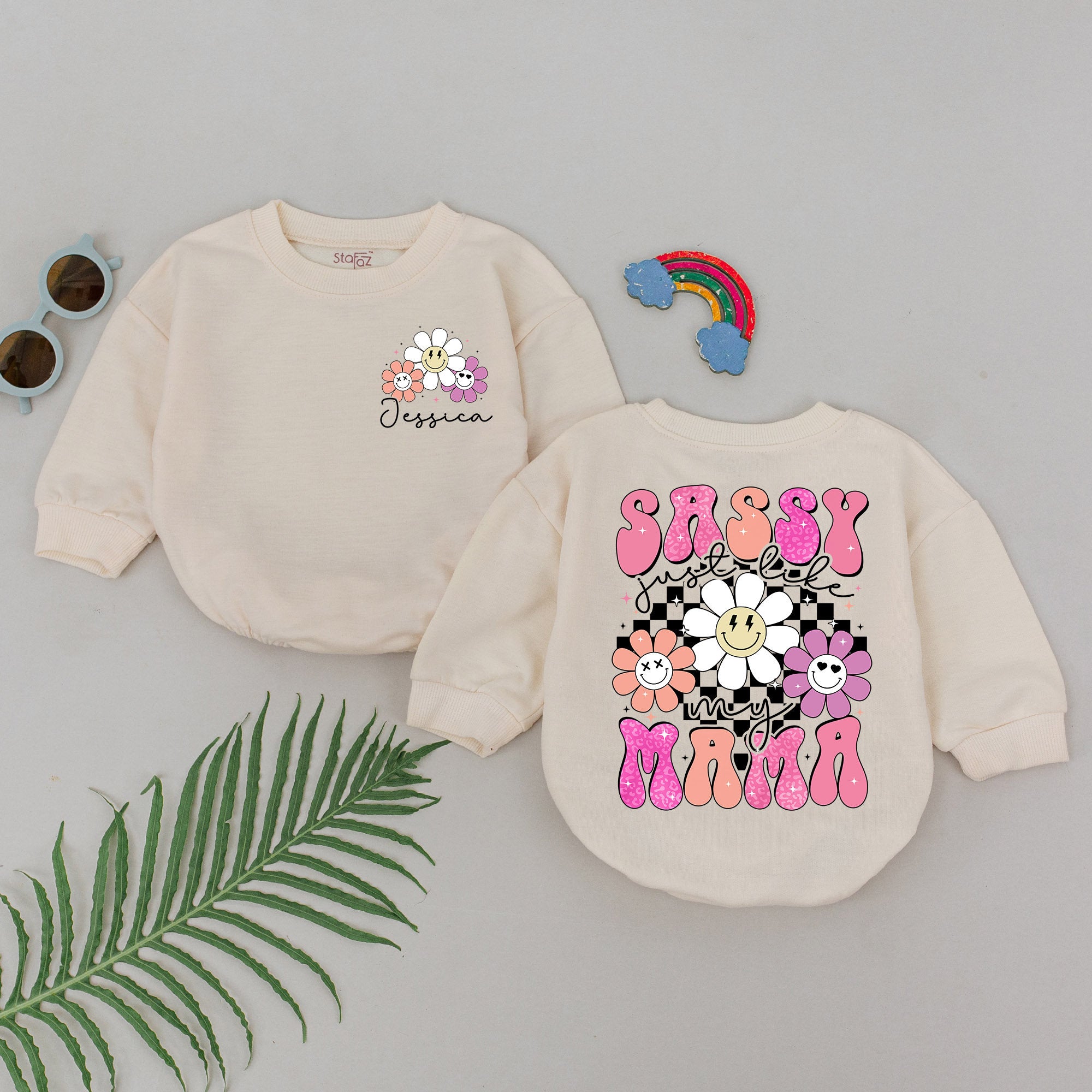 Sassy Just Like My Mama Retro Romper Baby Girl Outfit 1st Mother's Day Gift Vibrant Flowers Pink Purple Nostalgic Birthday Shower Present