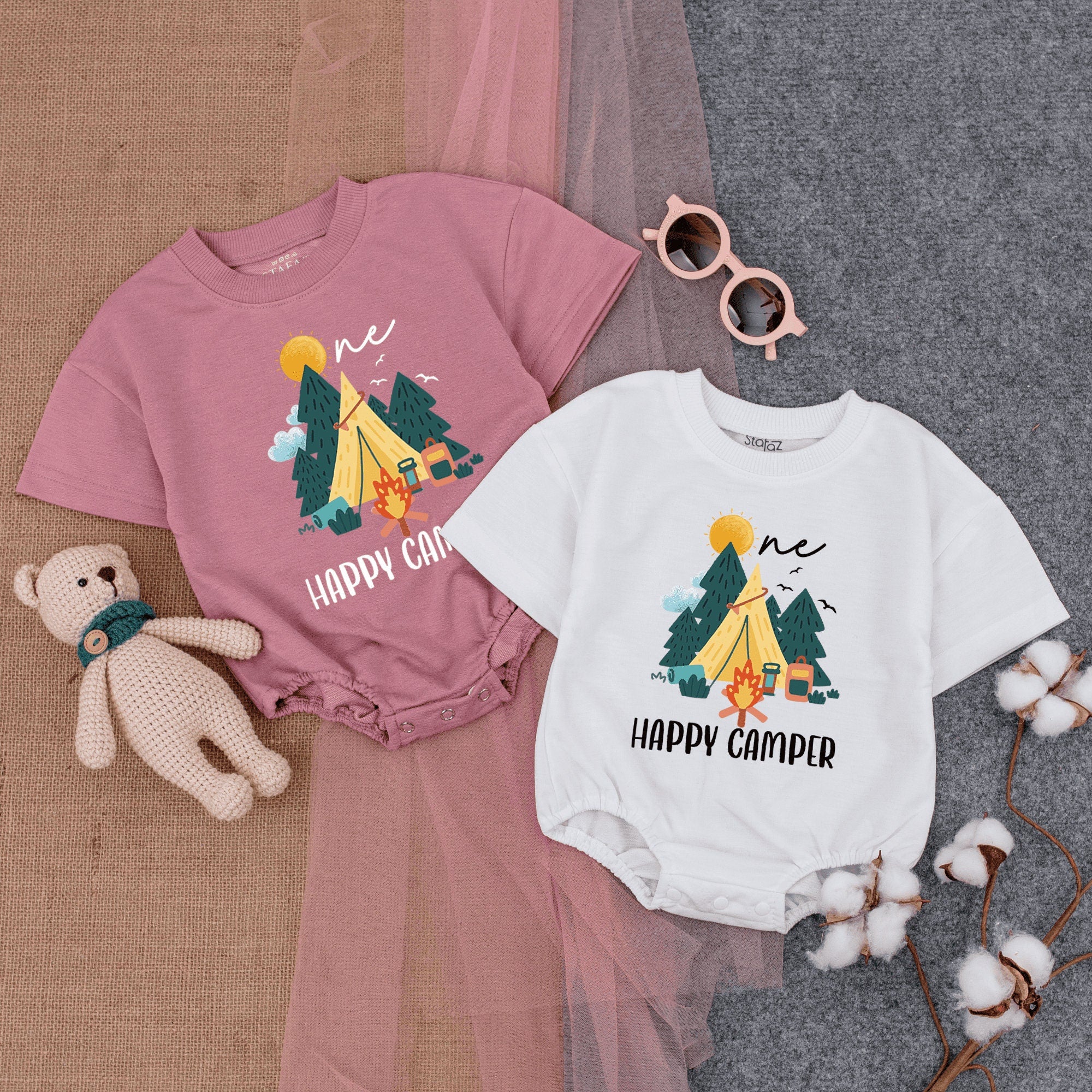 One Happy Camper Baby Romper with Yellow Tent Trees Sun Clouds Design Soft Cotton Summer Infant Adventure Clothes for Outdoor Fun