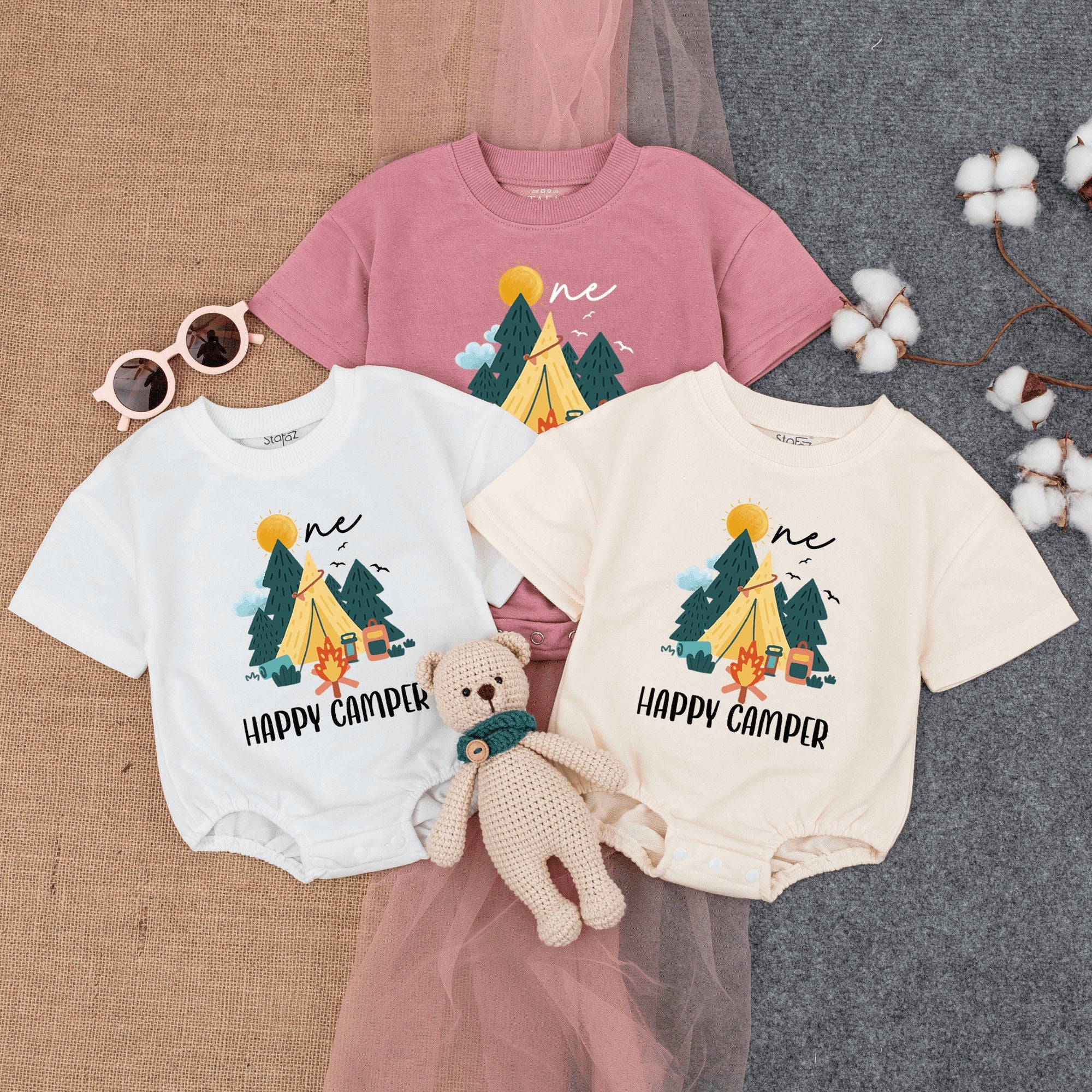 One Happy Camper Baby Romper with Yellow Tent Trees Sun Clouds Design Soft Cotton Summer Infant Adventure Clothes for Outdoor Fun
