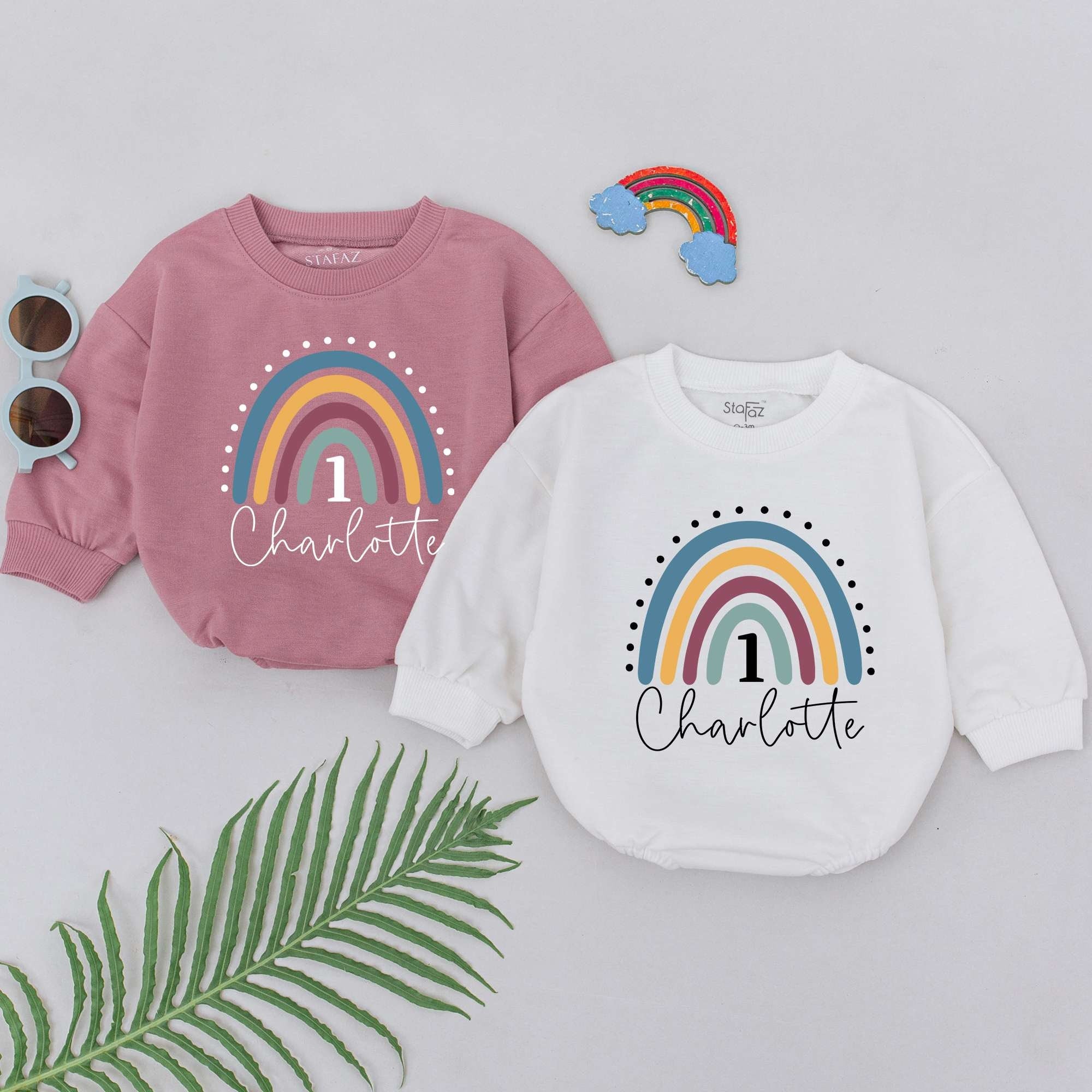 Personalized First Birthday Baby Romper Rainbow Design Charlotte's Party Outfit Soft Cotton Infant Wear Custom Name Celebration Gift