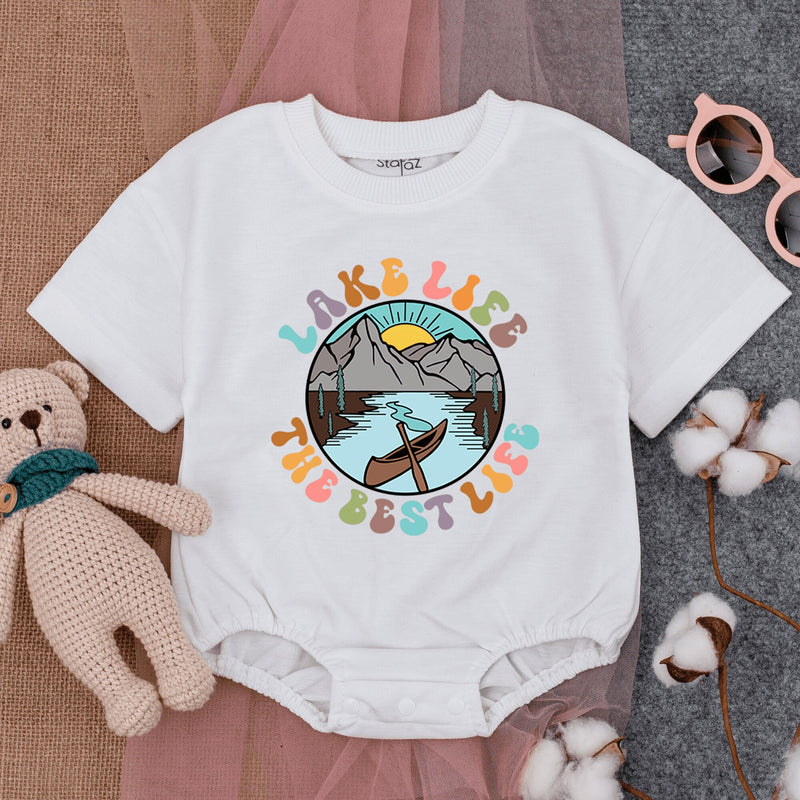 Lake Life Baby Romper Short Sleeve with Mountains and Sun Soft Cotton Outdoor Adventure Bodysuit Cute Gift for Summer Baby Clothes