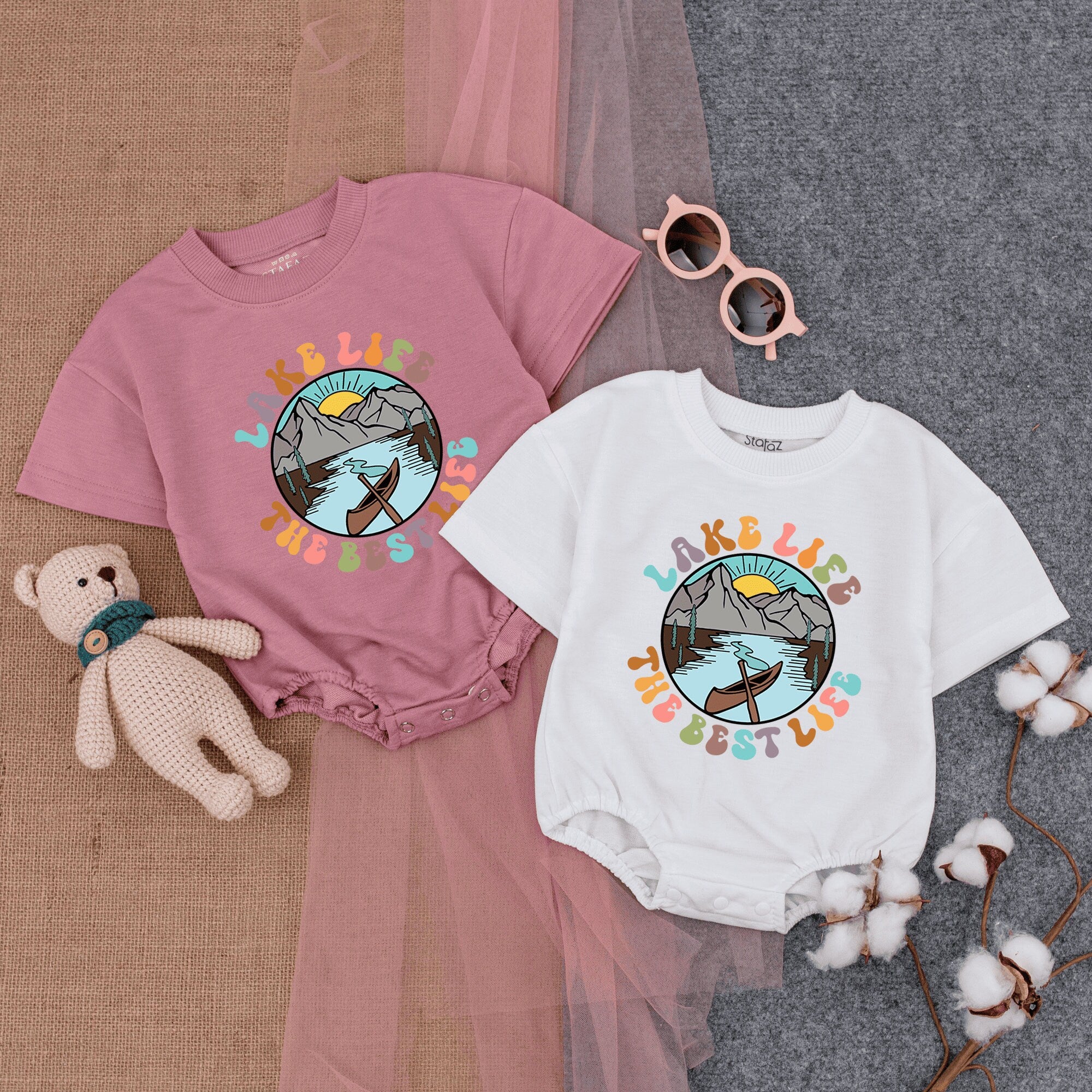 Lake Life Baby Romper Short Sleeve with Mountains and Sun Soft Cotton Outdoor Adventure Bodysuit Cute Gift for Summer Baby Clothes