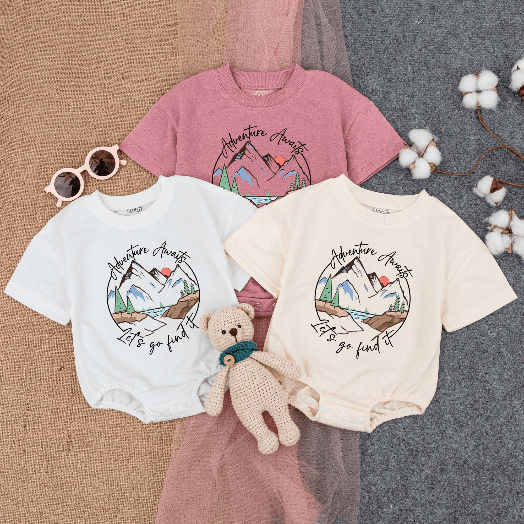 Adventure Awaits Baby Romper with Mountain Landscape Soft Cotton Short Sleeve Outfit for Infant Boys or Girls Whimsical Nature Design