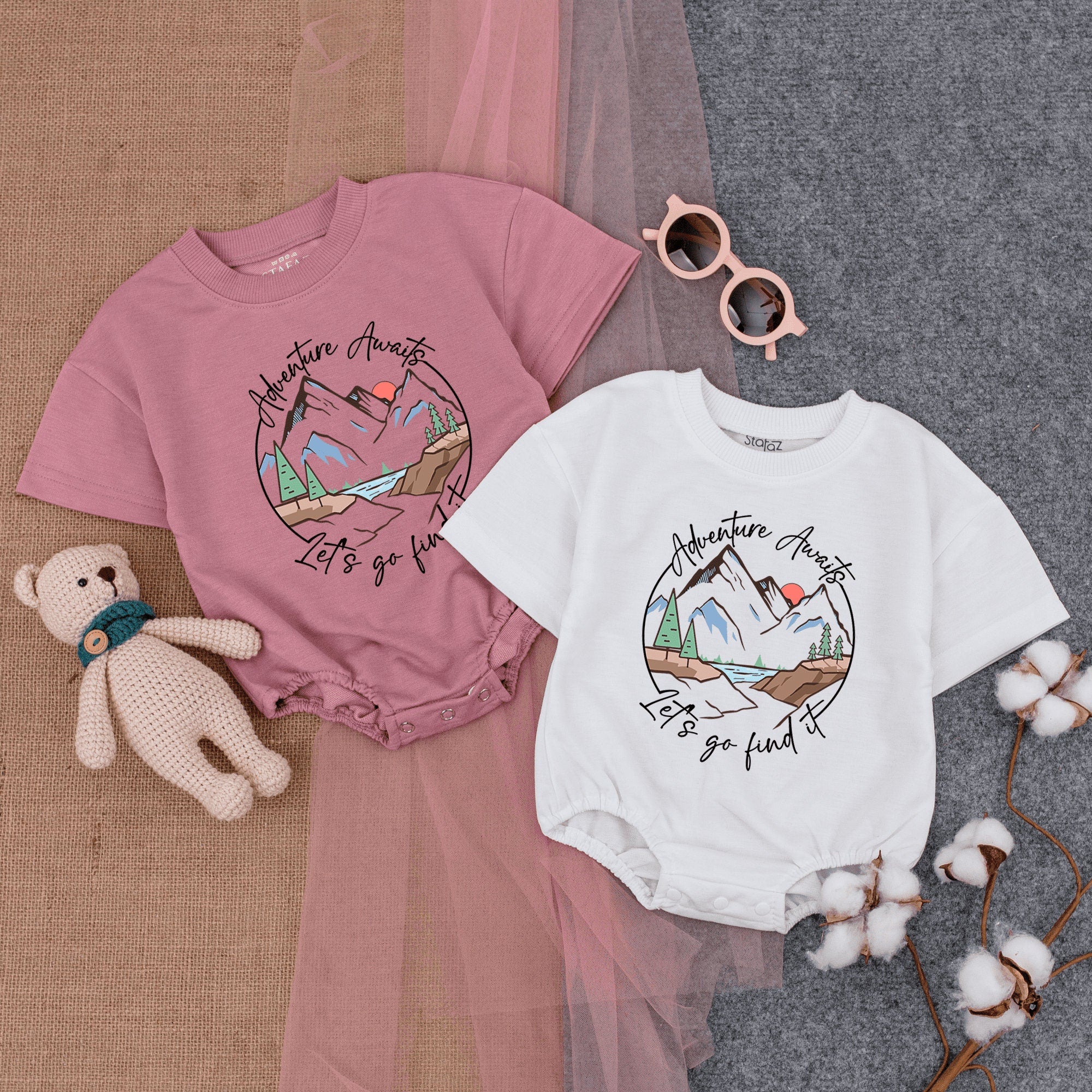 Adventure Awaits Baby Romper with Mountain Landscape Soft Cotton Short Sleeve Outfit for Infant Boys or Girls Whimsical Nature Design