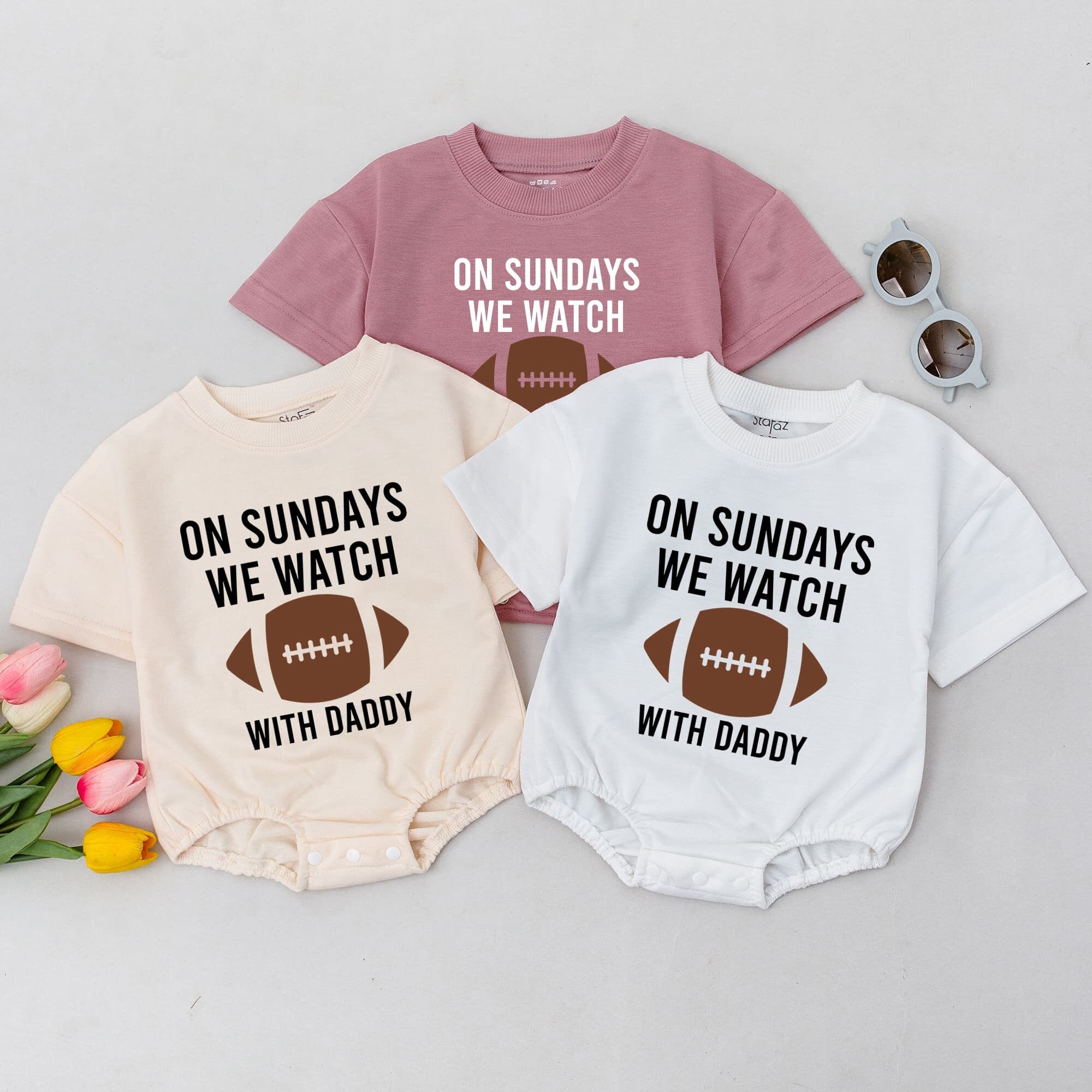 On Sundays We Watch with Daddy Football Baby Romper Cozy Fall Outfit Casual Soft Cotton Playful Design Infant Girl Game Day
