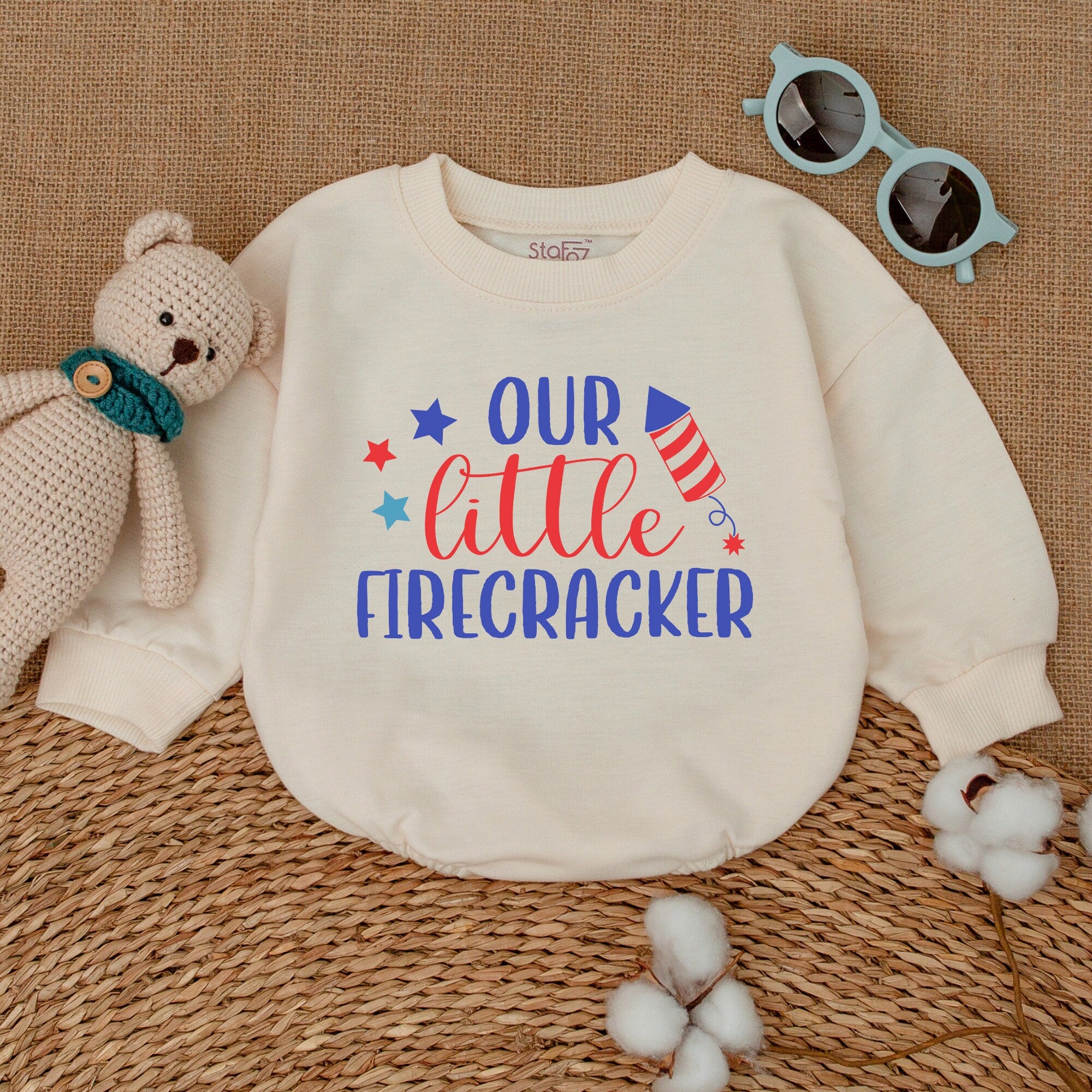 Our Little Firecracker Baby Romper Patriotic 4th of July Bodysuit Infant Holiday Outfit Gift Soft Cotton Newborn Bubble Style