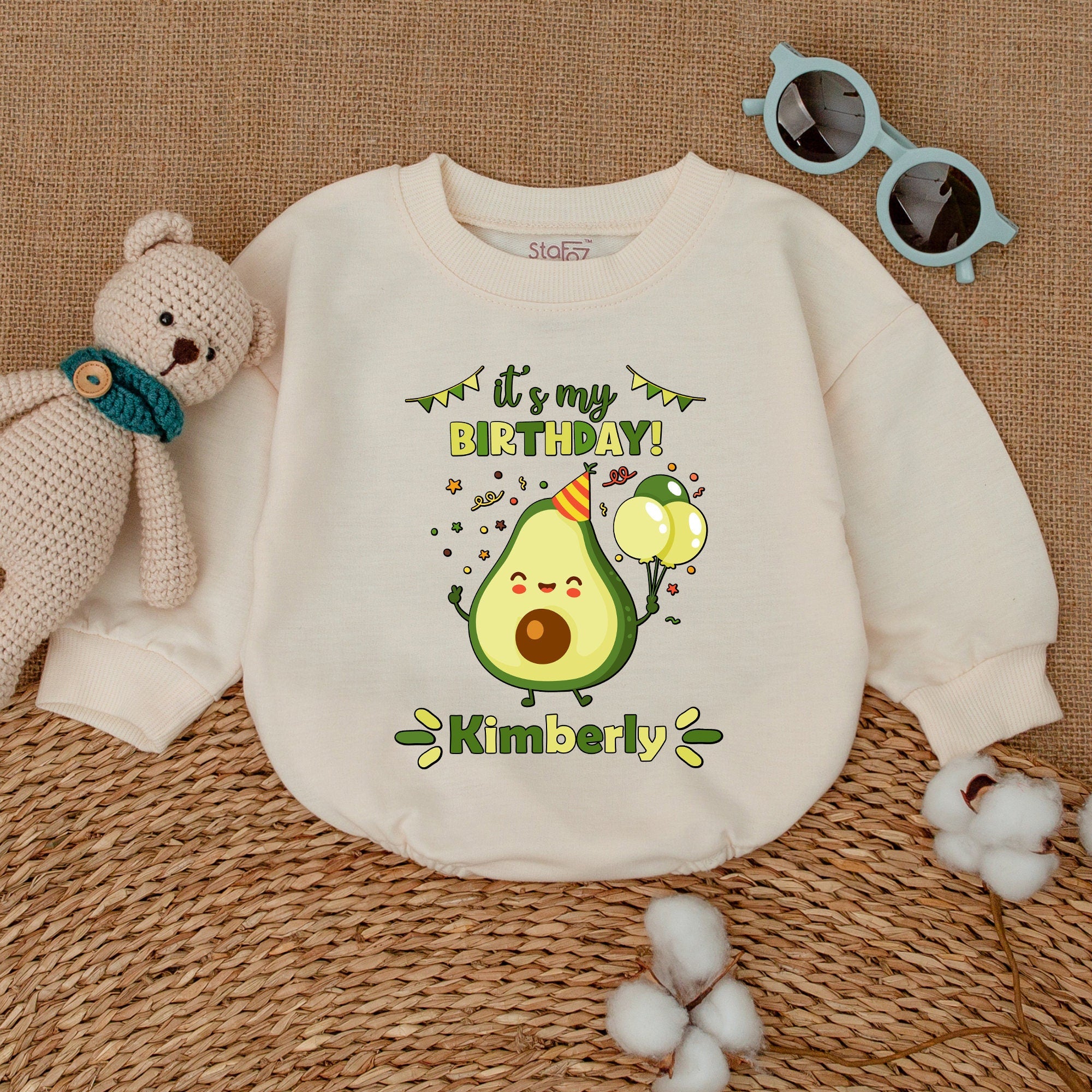 Personalized Avocado Birthday Romper for Baby's Special Day Festive Party Bodysuit Soft Cotton Outfit with Custom Name for Cake Smash Fun