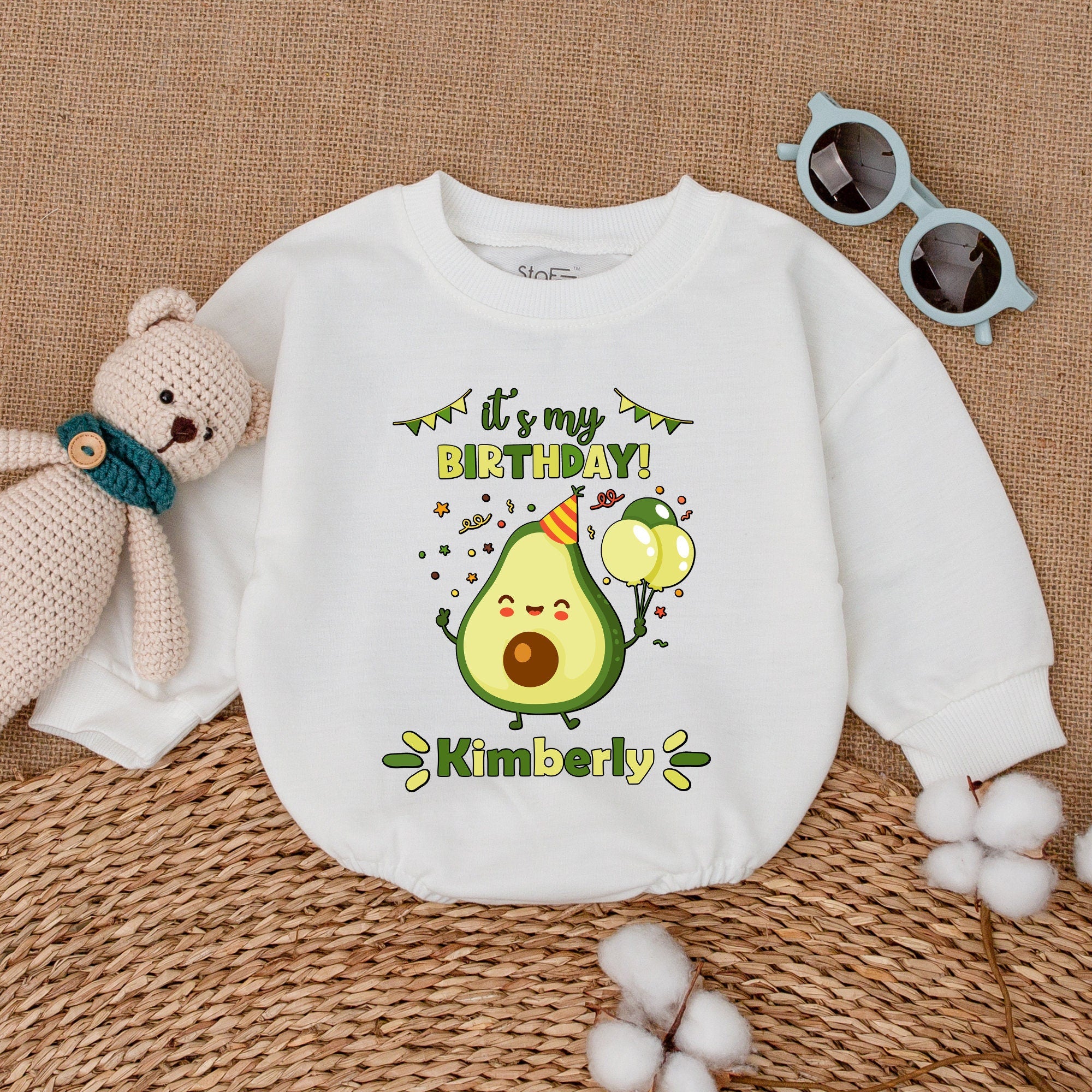 Personalized Avocado Birthday Romper for Baby's Special Day Festive Party Bodysuit Soft Cotton Outfit with Custom Name for Cake Smash Fun