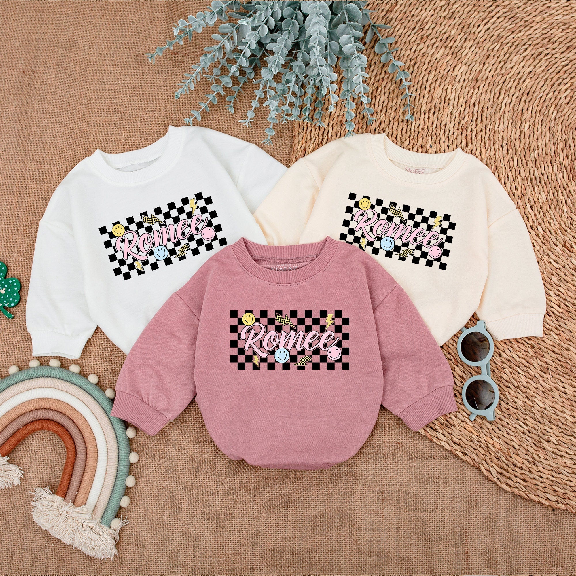 Personalized Baby Girl Romper with Checkerboard and Smiley Faces Soft Custom Outfit Pink Cursive Name Cotton Fun Infant Birthday Gift