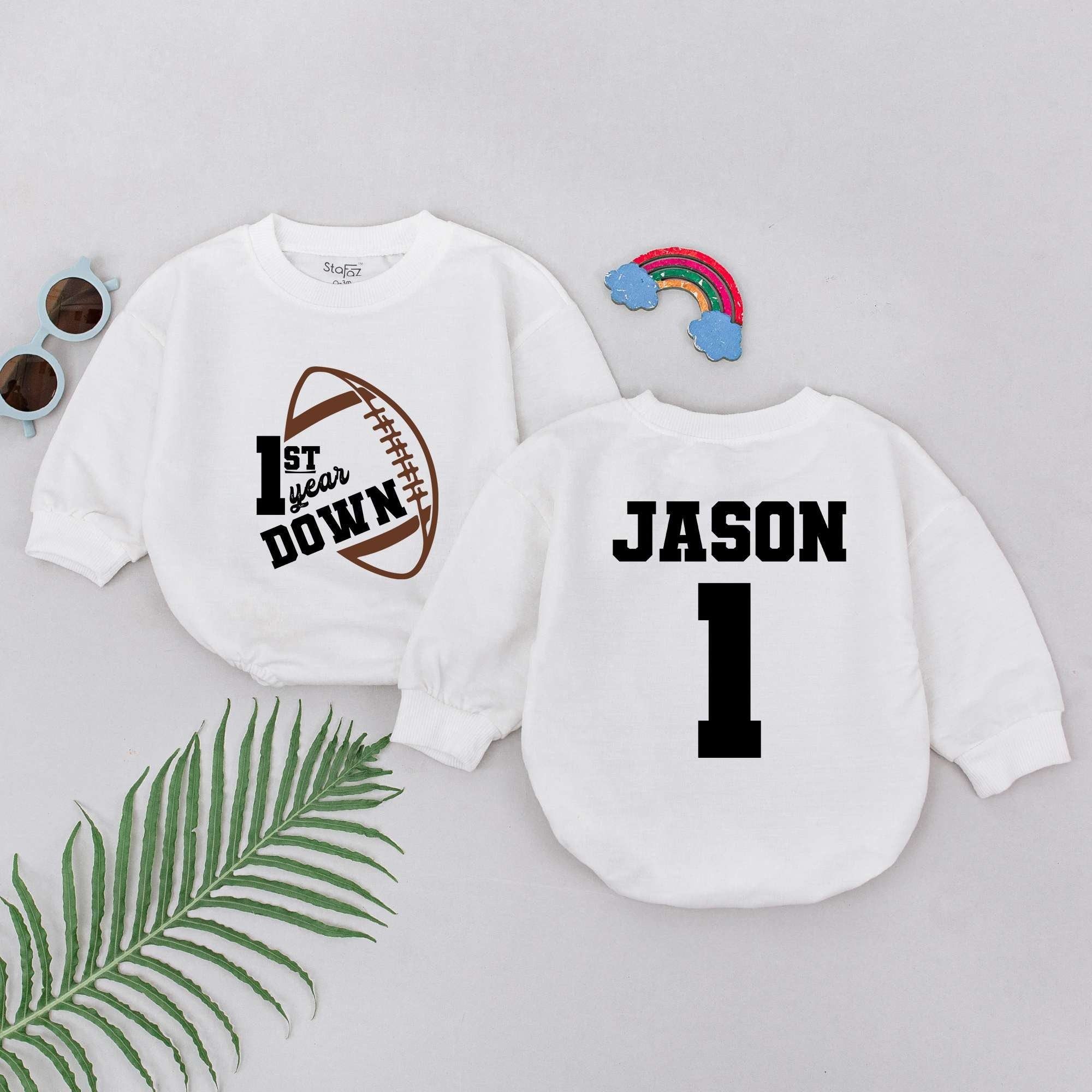 Personalized 1st Year Down Football Romper for Baby Boys Birthday Party Outfit Soft Cotton Custom Name Jason Number 1 Design