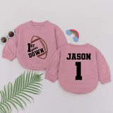 Personalized 1st Year Down Football Romper for Baby Boys Birthday Party Outfit Soft Cotton Custom Name Jason Number 1 Design