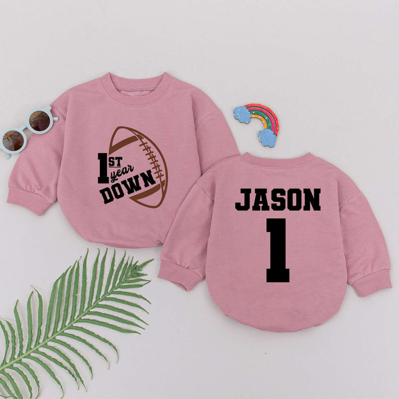 Personalized 1st Year Down Football Romper for Baby Boys Birthday Party Outfit Soft Cotton Custom Name Jason Number 1 Design