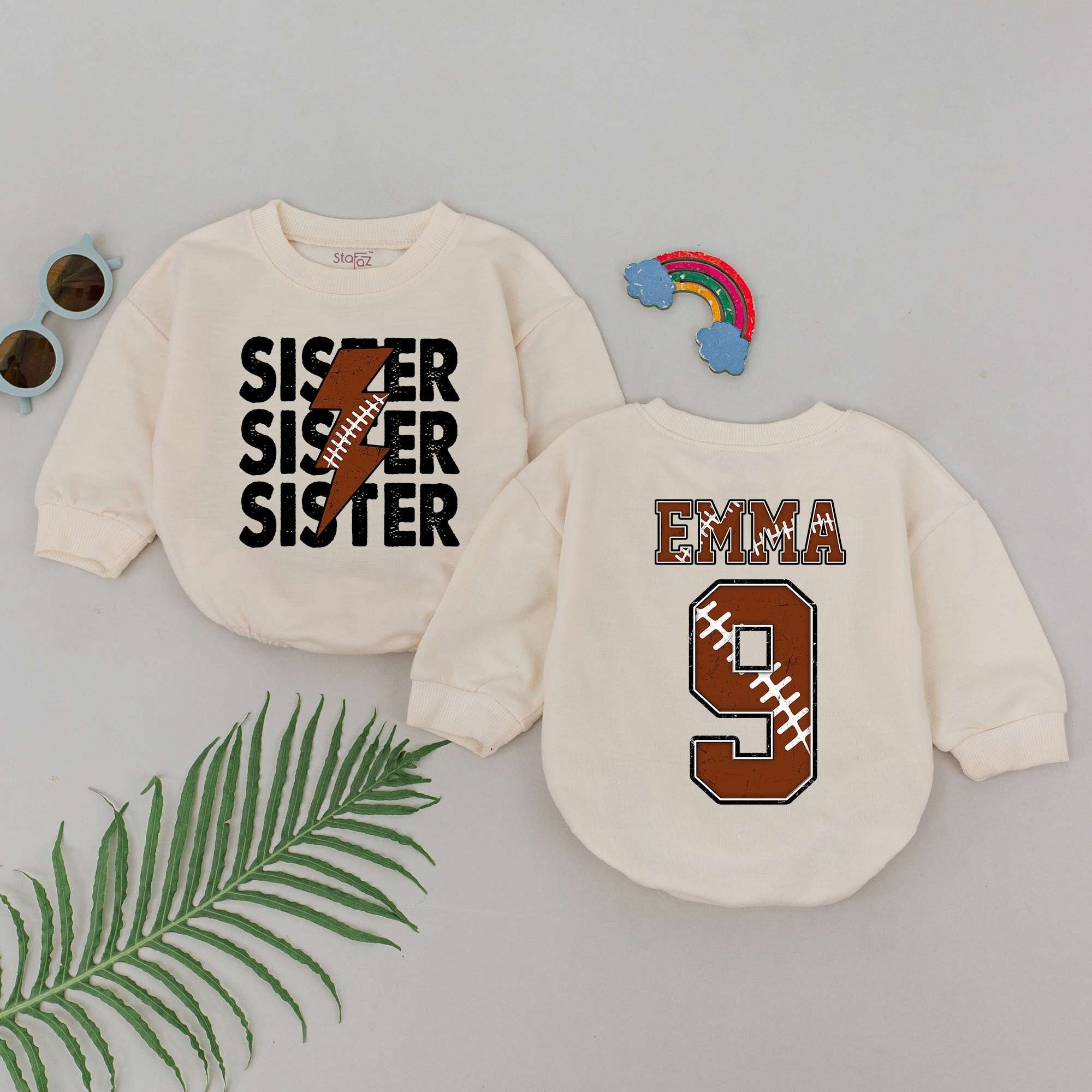 Personalized Football Sister Romper for Baby Girls Soft Cotton Playful Emma Design Sporty Outfit Perfect for Fall Celebrations