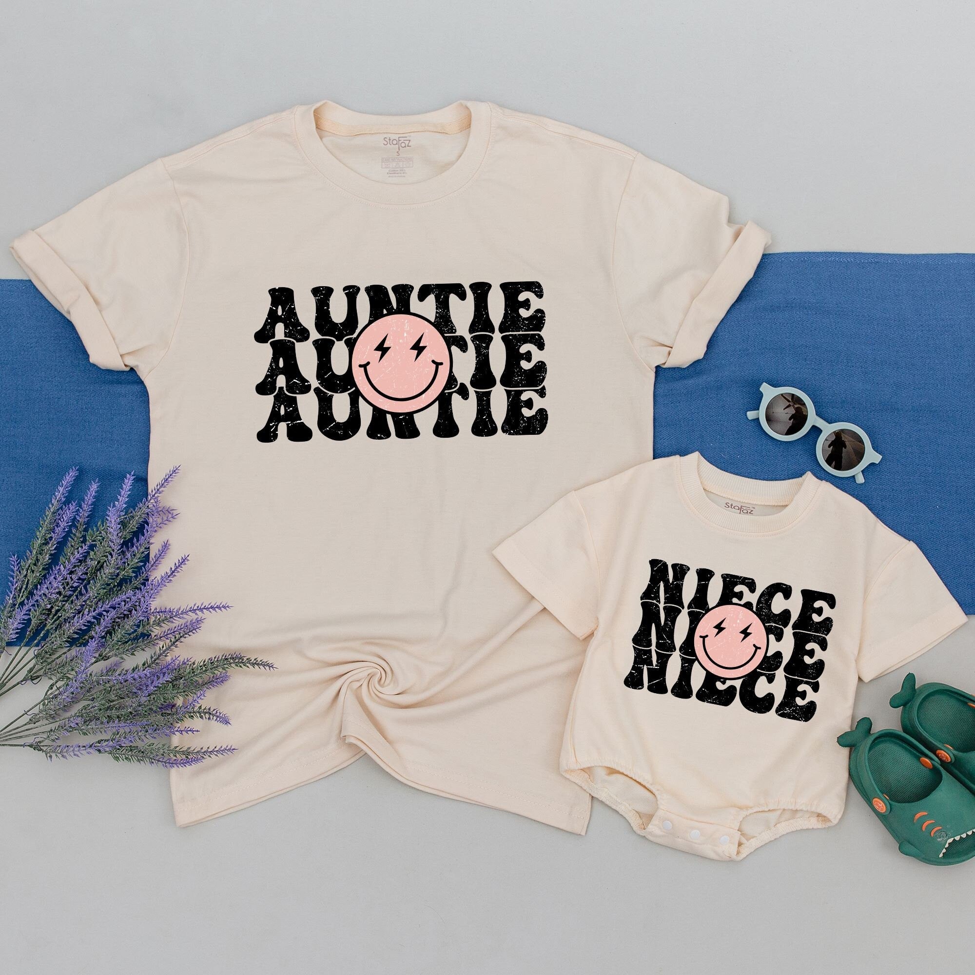 Personalized Auntie Niece Matching Shirts Retro Boho Smiley Face Design Custom Gift Soft Cotton Comfortable Family Tee Neutral Colors