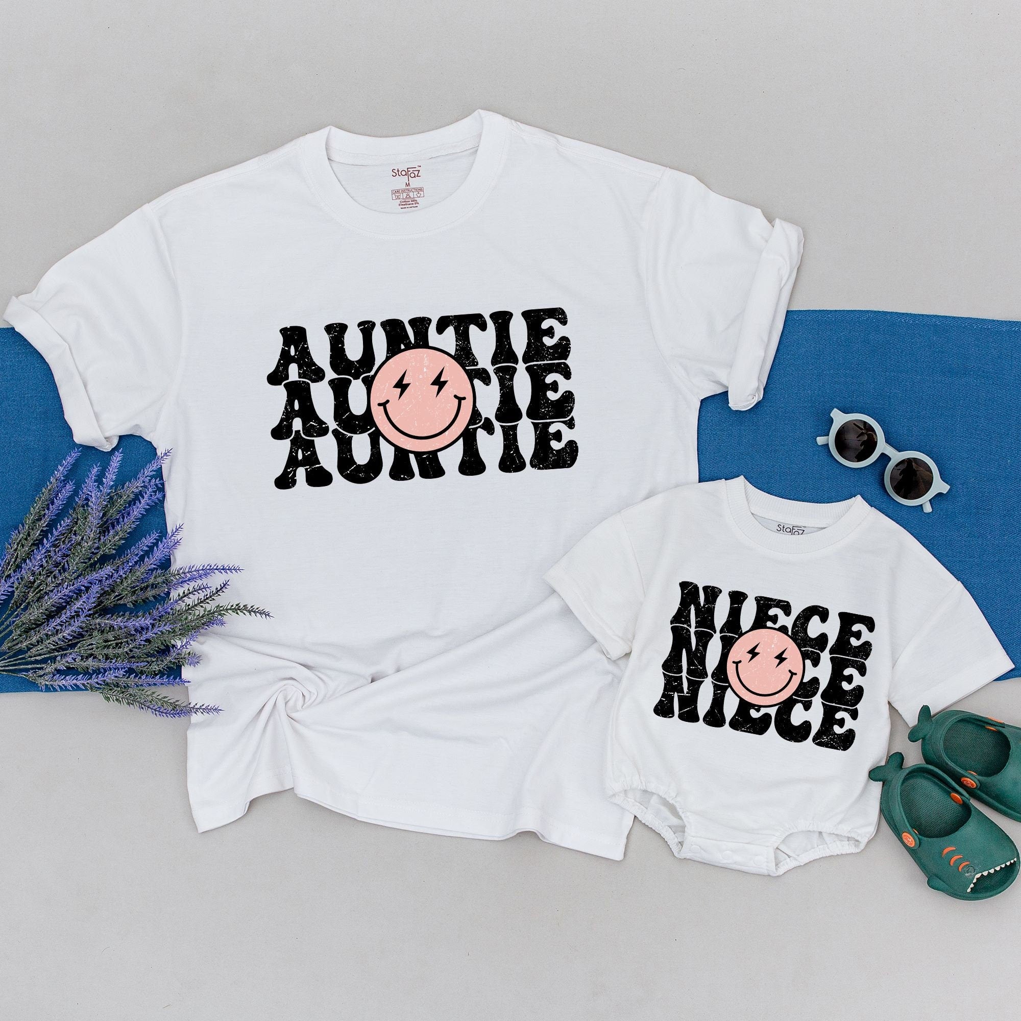 Personalized Auntie Niece Matching Shirts Retro Boho Smiley Face Design Custom Gift Soft Cotton Comfortable Family Tee Neutral Colors