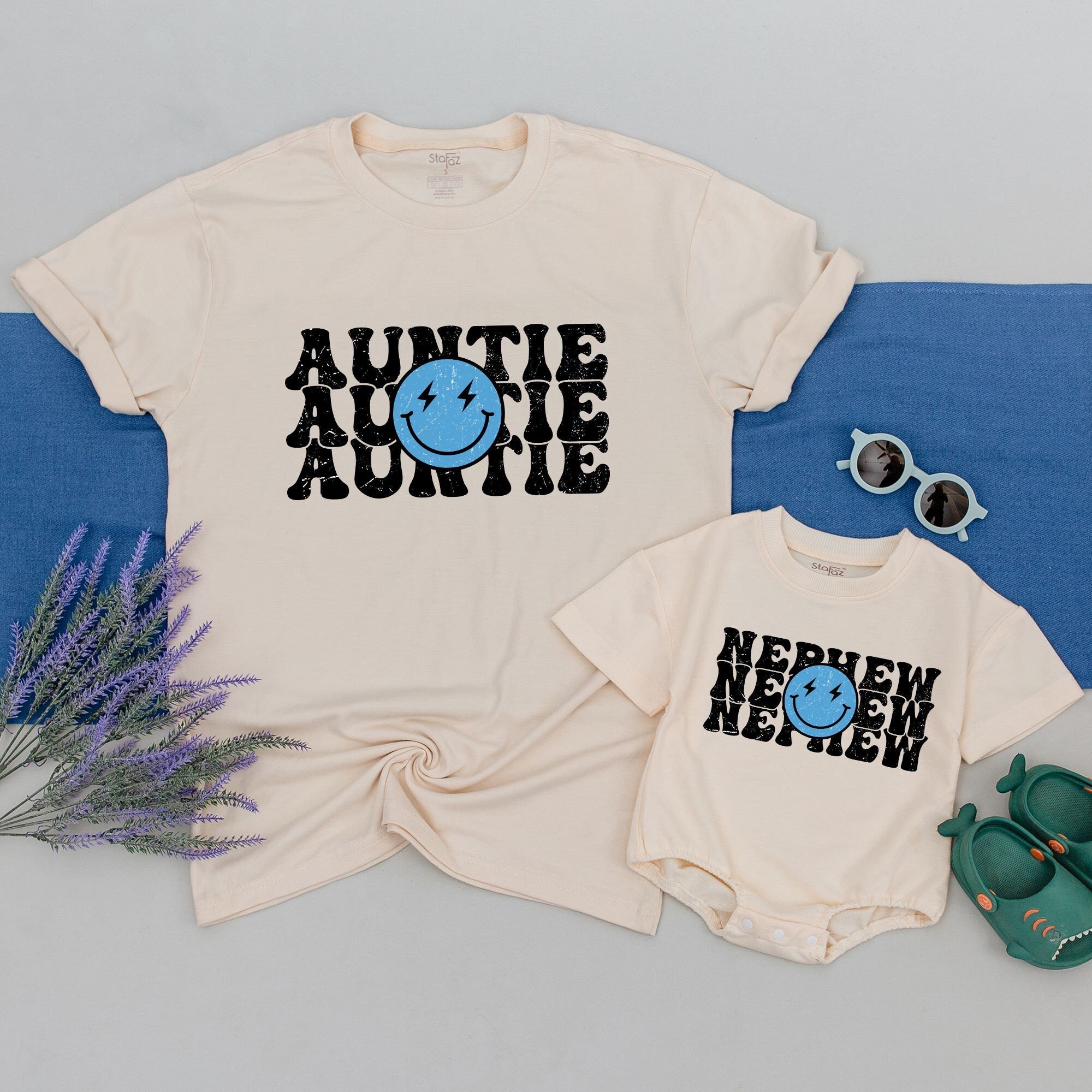 Personalized Auntie and Nephew Shirt with Retro Smiley Face Custom Names Vintage Boho Neutral Tee Gift for Aunt and Child Holiday Outfit
