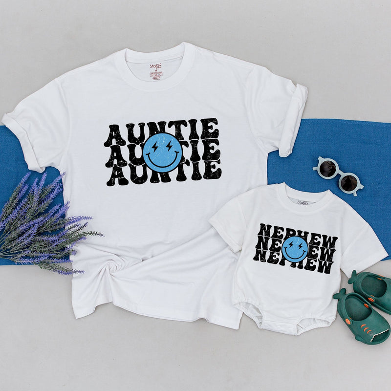 Personalized Auntie and Nephew Shirt with Retro Smiley Face Custom Names Vintage Boho Neutral Tee Gift for Aunt and Child Holiday Outfit
