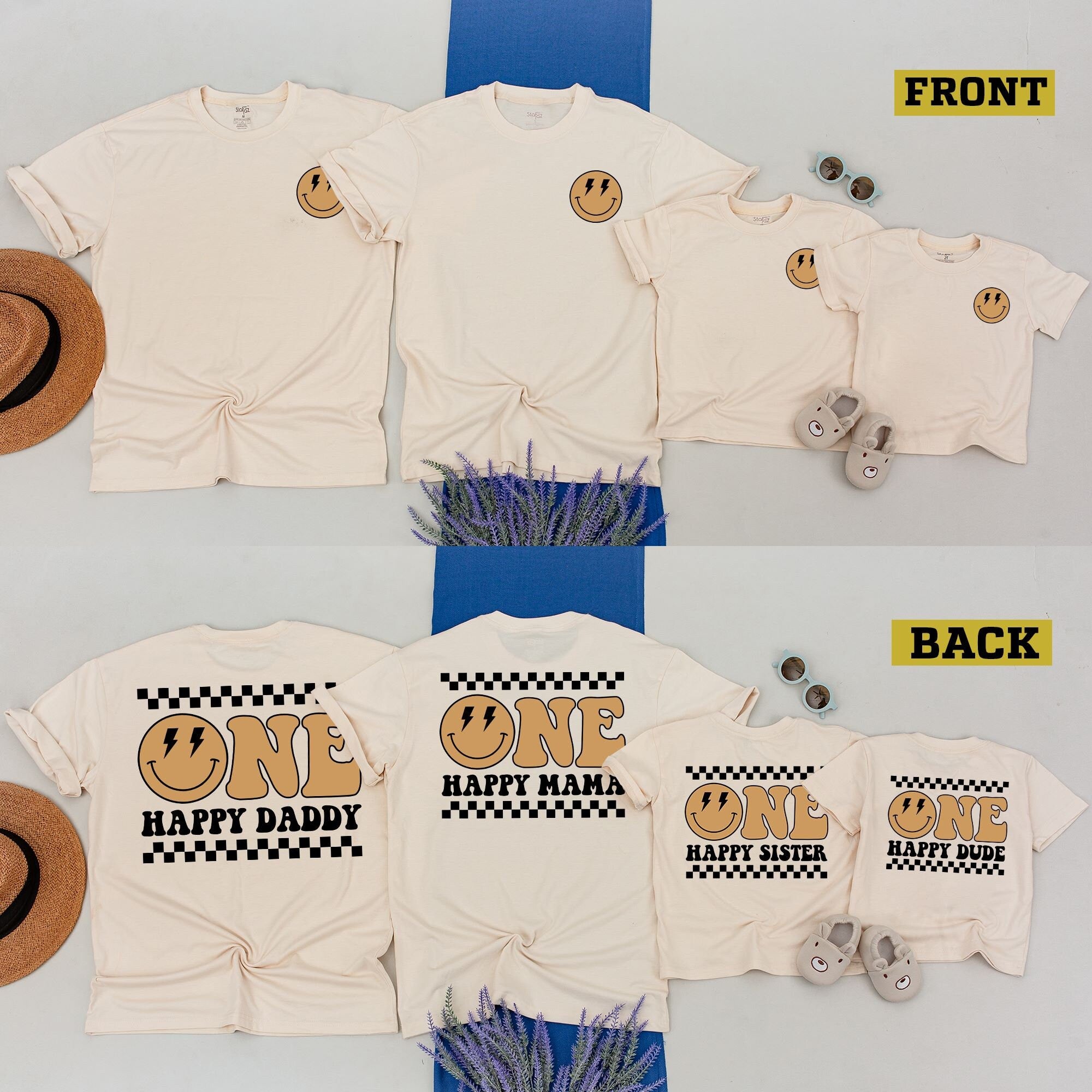 One Happy Dude Retro Family Matching Birthday Outfit Smiley Face Cotton Tee Custom Names for Kids and Adults Bright Yellow Design