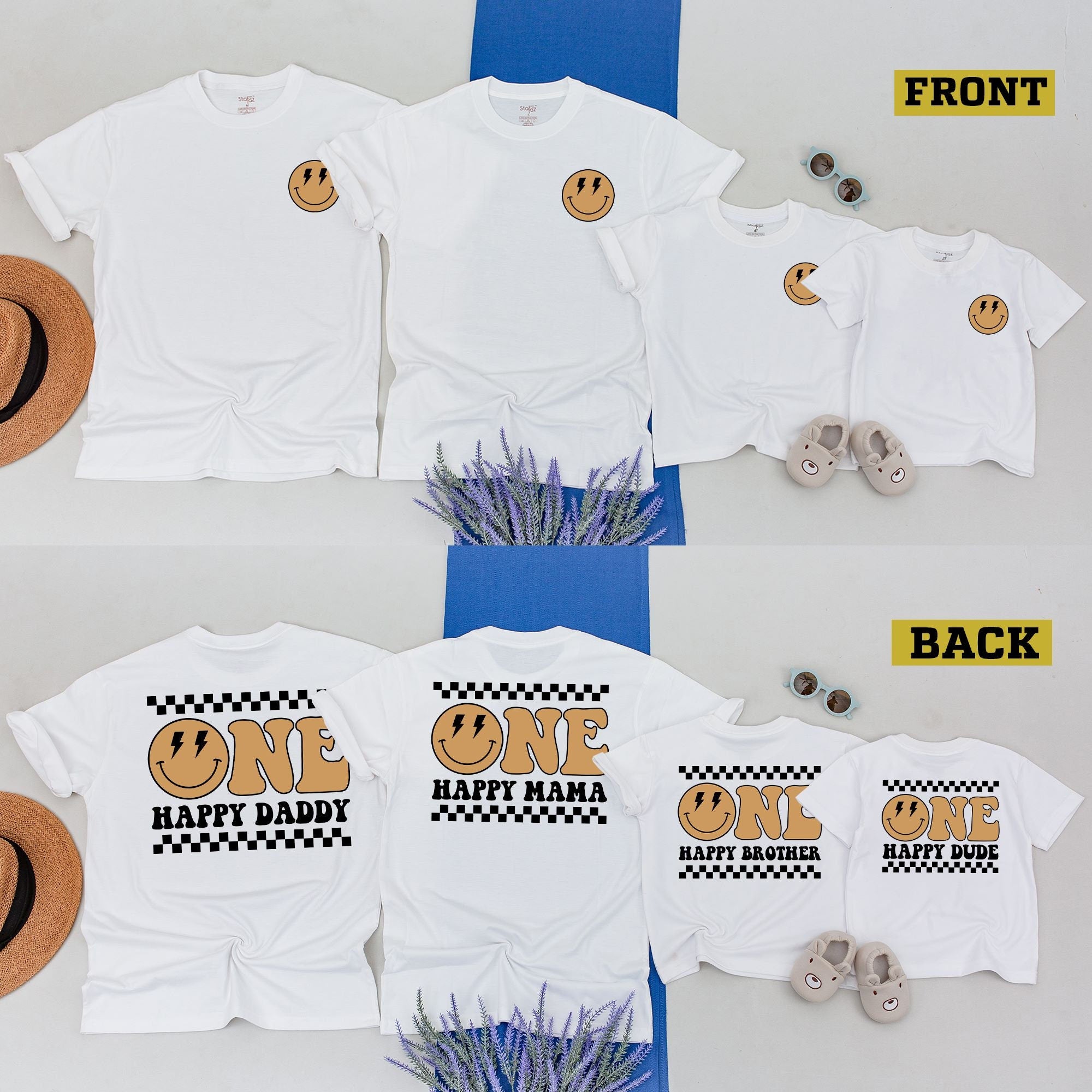 One Happy Dude Retro Family Matching Birthday Outfit Smiley Face Cotton Tee Custom Names for Kids and Adults Bright Yellow Design