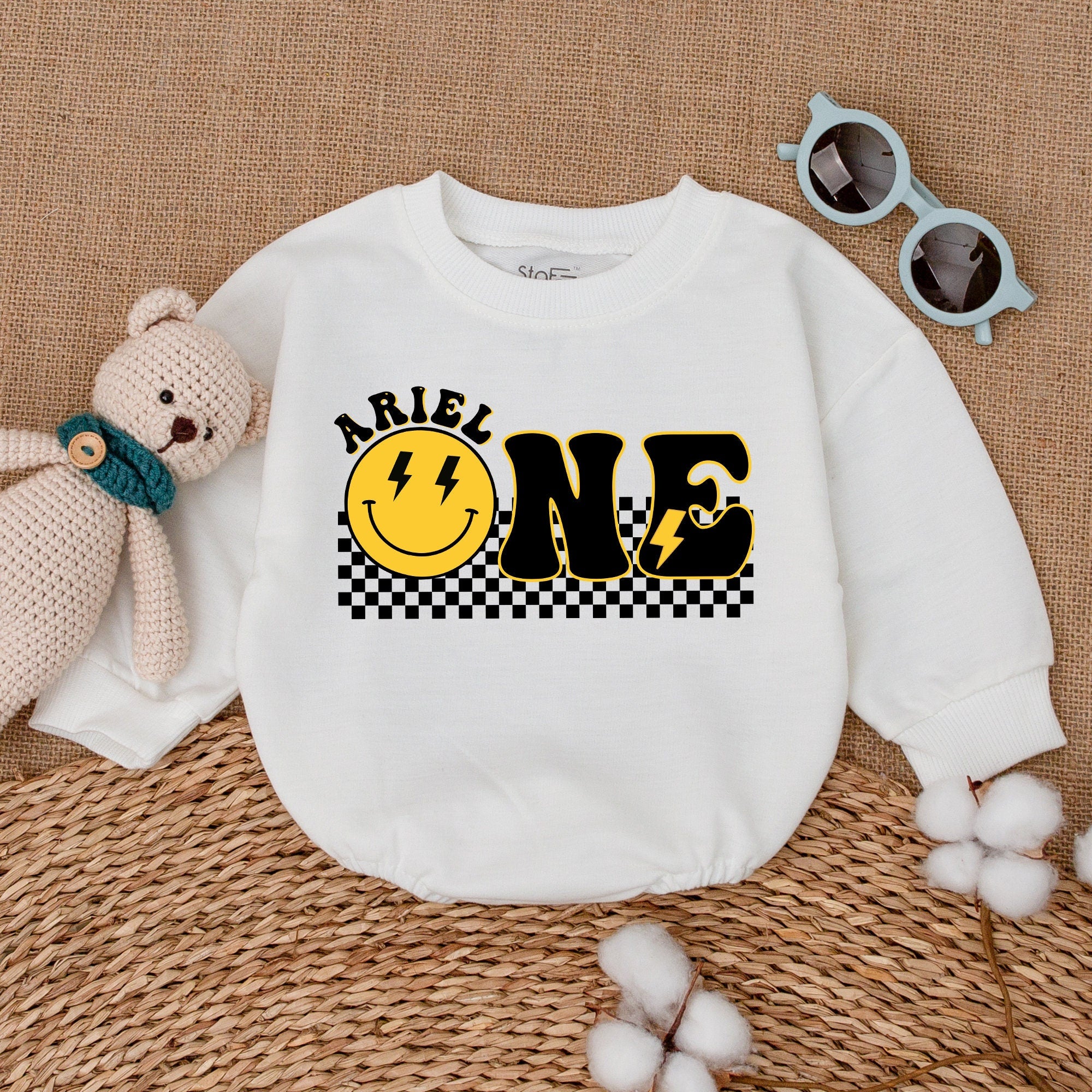 Custom One Happy Dude Romper with Smiley Face Lightning Eyes Birthday Outfit Newborn Comfortable Cotton Checkered Design First Celebration