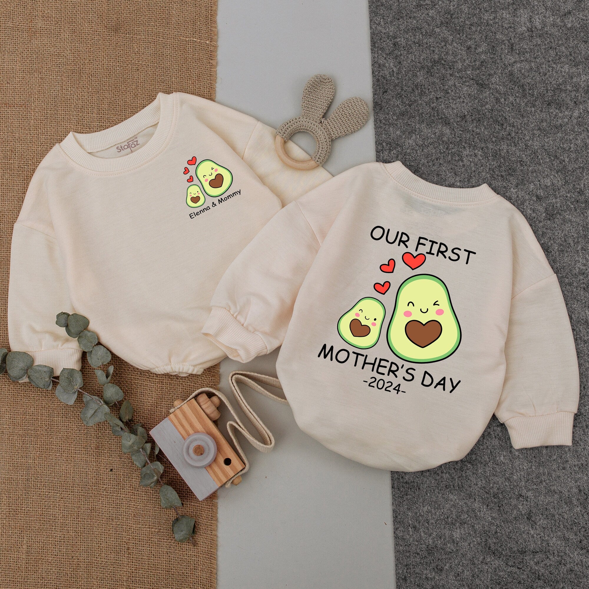Personalized Our First Mother's Day Avocado Romper Gift Baby Bodysuit 2024 Heart Design Soft Cotton Sleeper Custom Name Infant Outfit