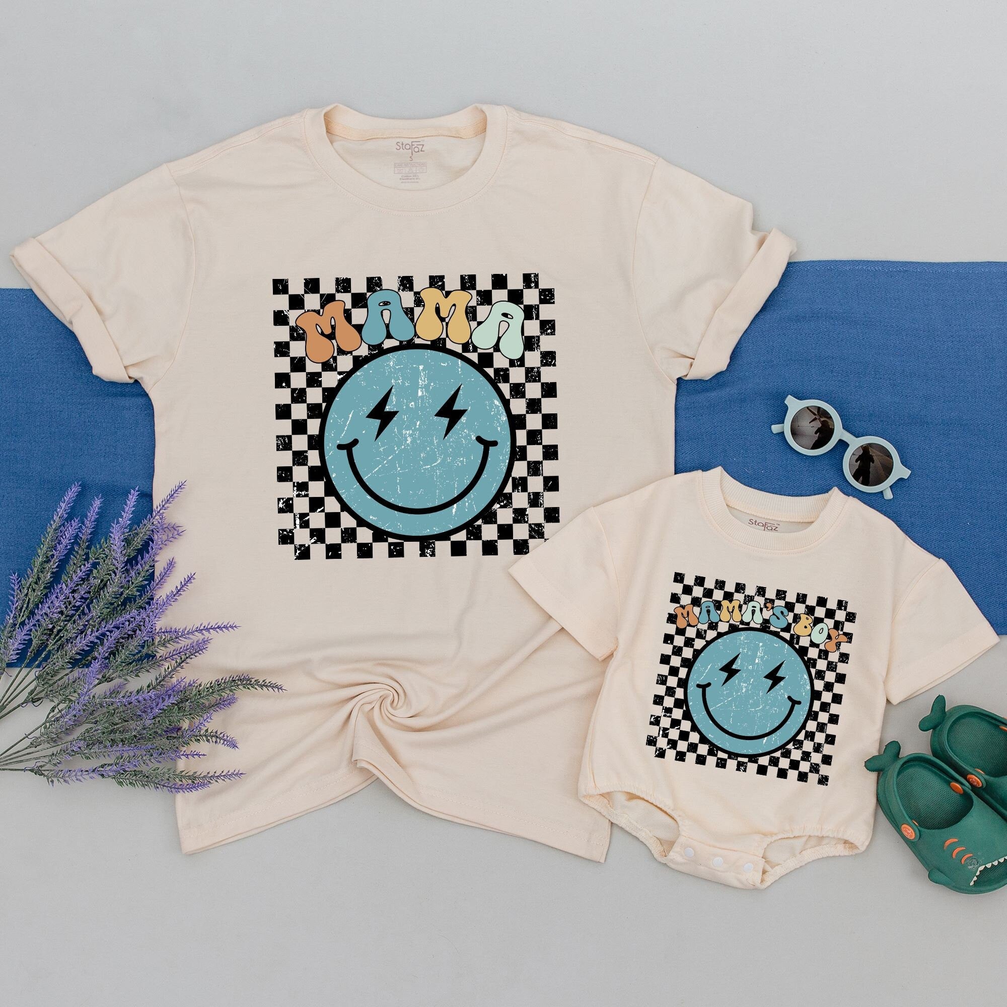 Retro Mama and Mamas Boy Shirt with Smiley Face Lightning Bolt Eyes Checkered Pattern Perfect Mother's Day Baby Shower Gift