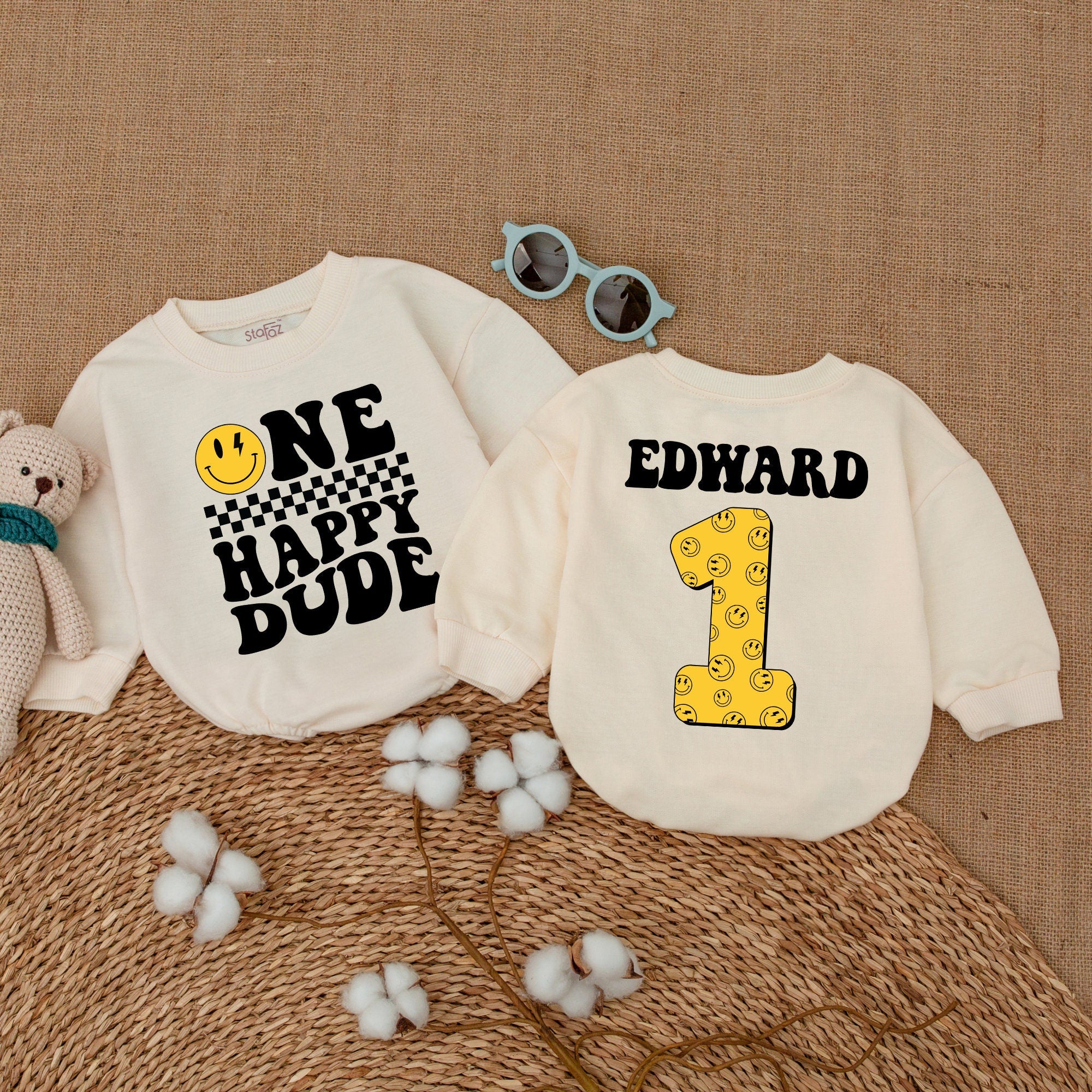 Personalized One Happy Dude Romper with Smiley Face