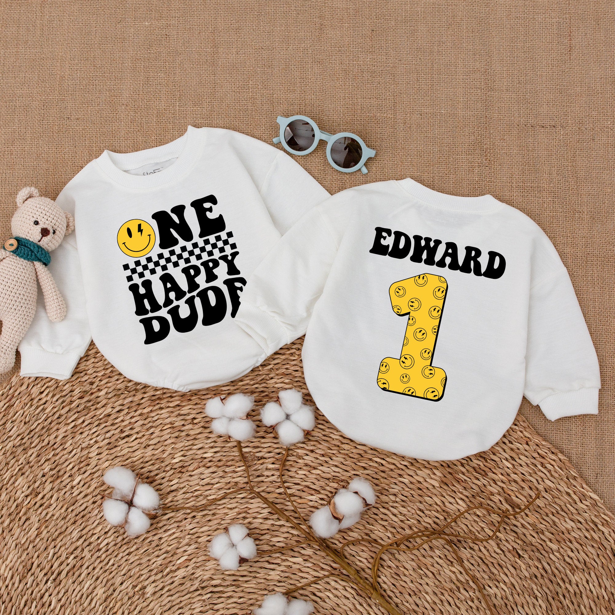 Personalized One Happy Dude Romper with Smiley Face