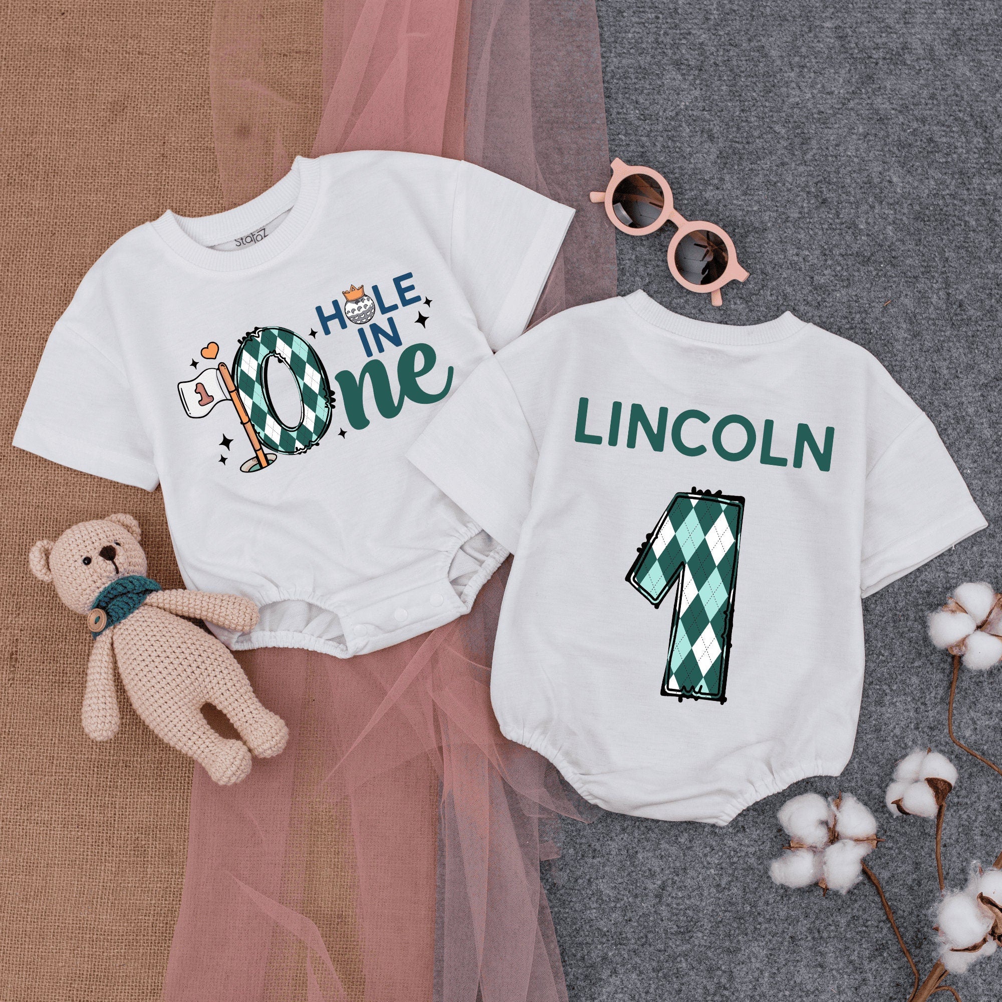 Custom Hole in One Romper Baby Golf Birthday Outfit Soft Cotton First Birthday Celebration Sporty Argyle Design Green Blue Orange