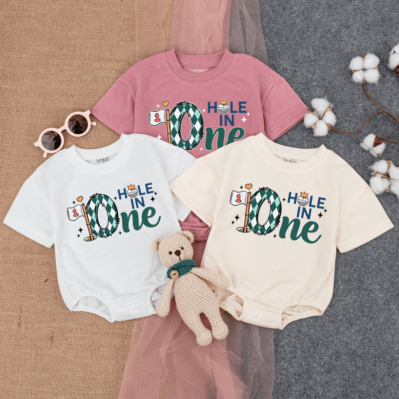 Hole in One Baby Romper with Argyle Golf Print, Personalized First Birthday Outfit, Soft Cotton Short-Sleeve Bodysuit for Baby Boys