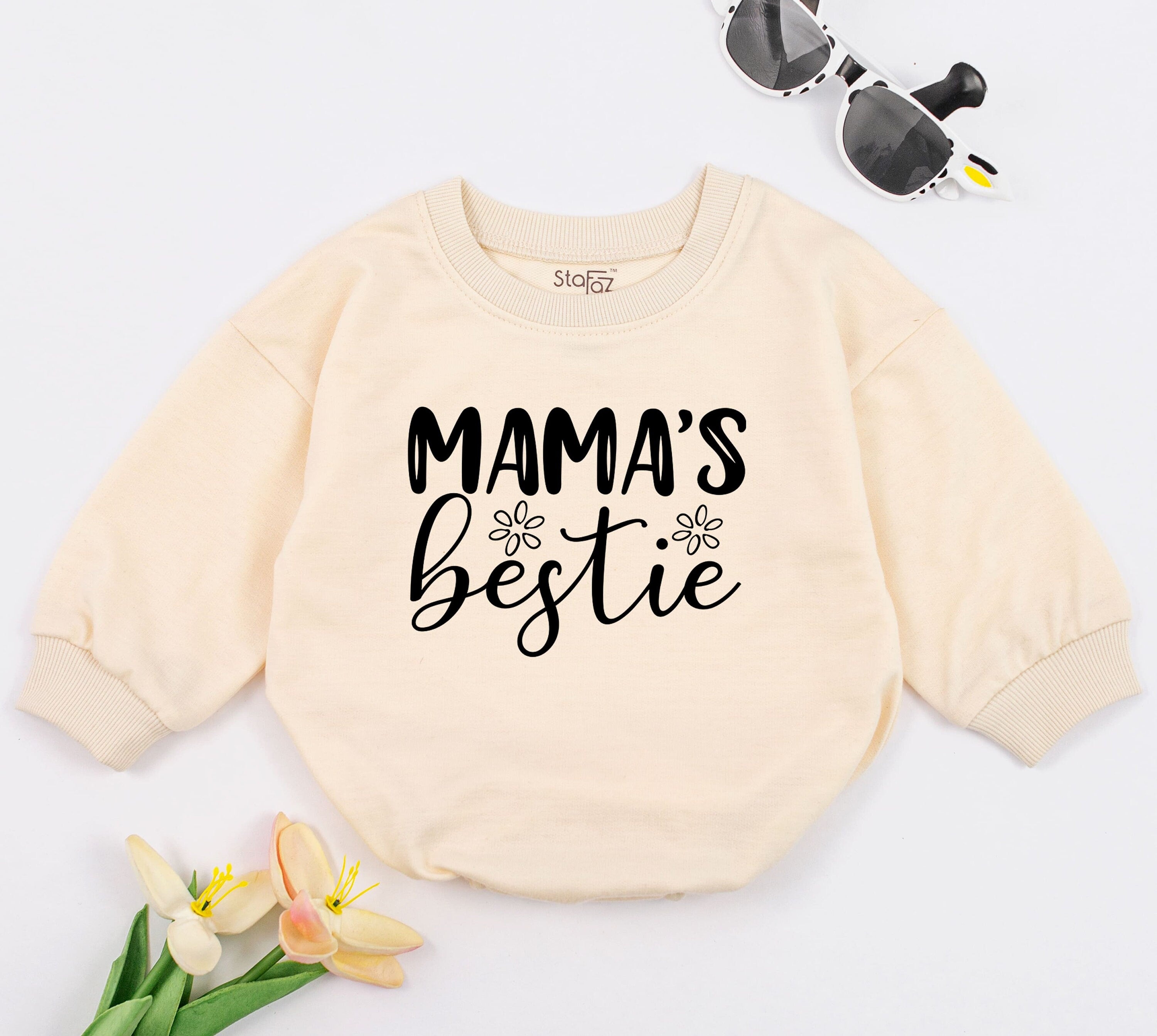 Mama's Bestie Baby Romper Handwritten Font Retro Groovy Flowers Bodysuit Comfortable Cotton Mother's Day New Baby Shower Gift