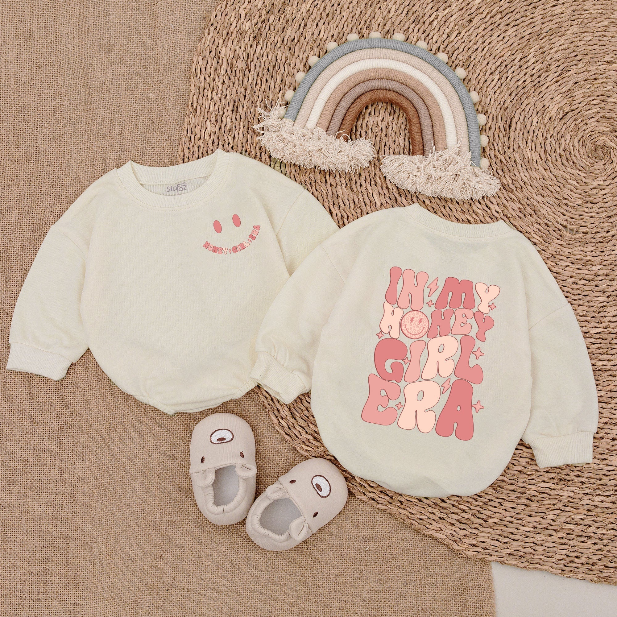 Honey Girl Newborn Romper Smiley Face Floral Baby Girl Outfit Soft Cotton Retro Style Playful Design