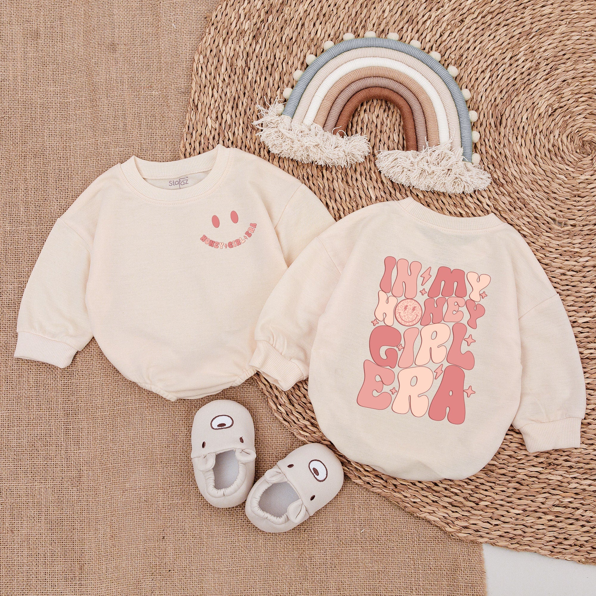 Honey Girl Newborn Romper Smiley Face Floral Baby Girl Outfit Soft Cotton Retro Style Playful Design