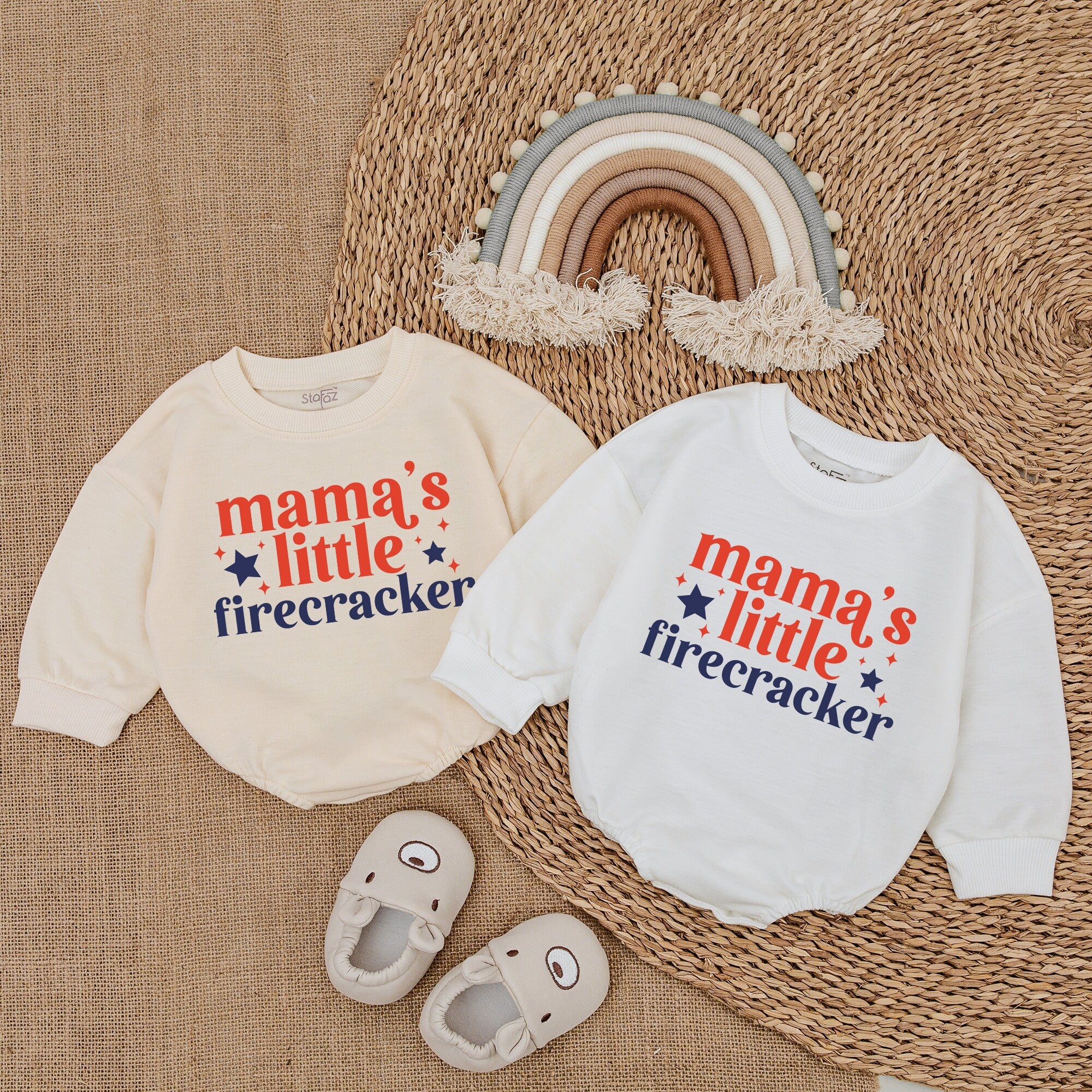 Mama's Little Firecracker Romper Patriotic Baby Bodysuit Red Blue Star Design Soft Cotton Outfit for Newborns Infants Holiday Gift