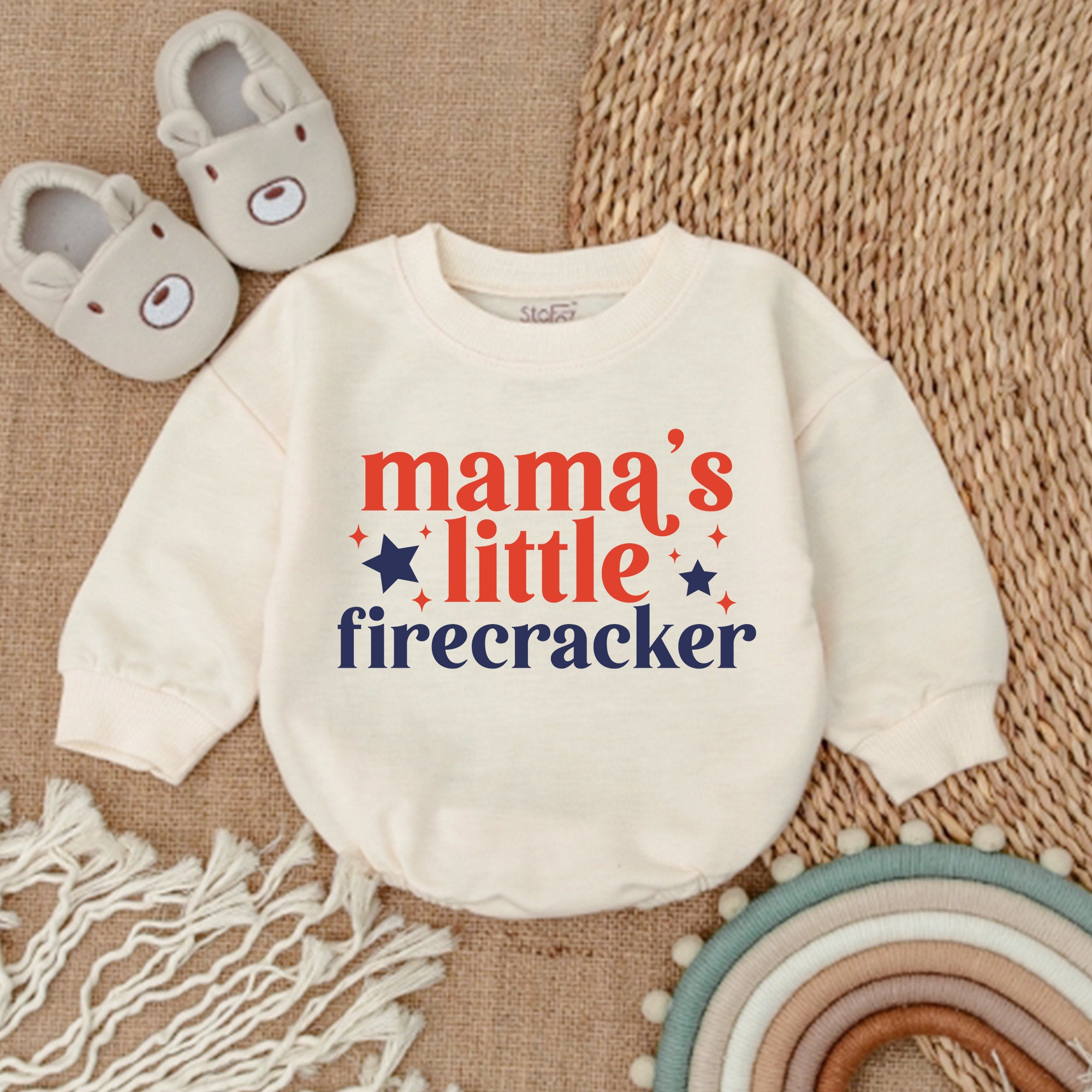 Mama's Little Firecracker Romper Patriotic Baby Bodysuit Red Blue Star Design Soft Cotton Outfit for Newborns Infants Holiday Gift
