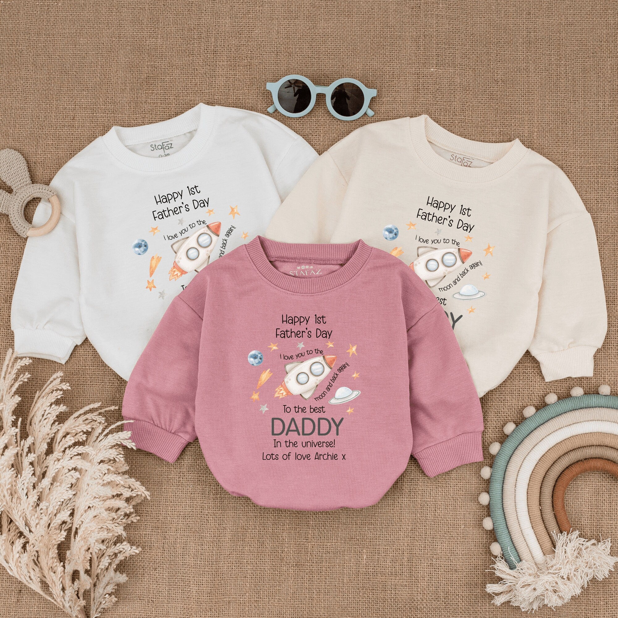 Happy 1st Father's Day Baby Romper Cartoon Rocket Soft Cotton Newborn Outfit New Dad Gift Whimsical Stars Planets Pastel Colors