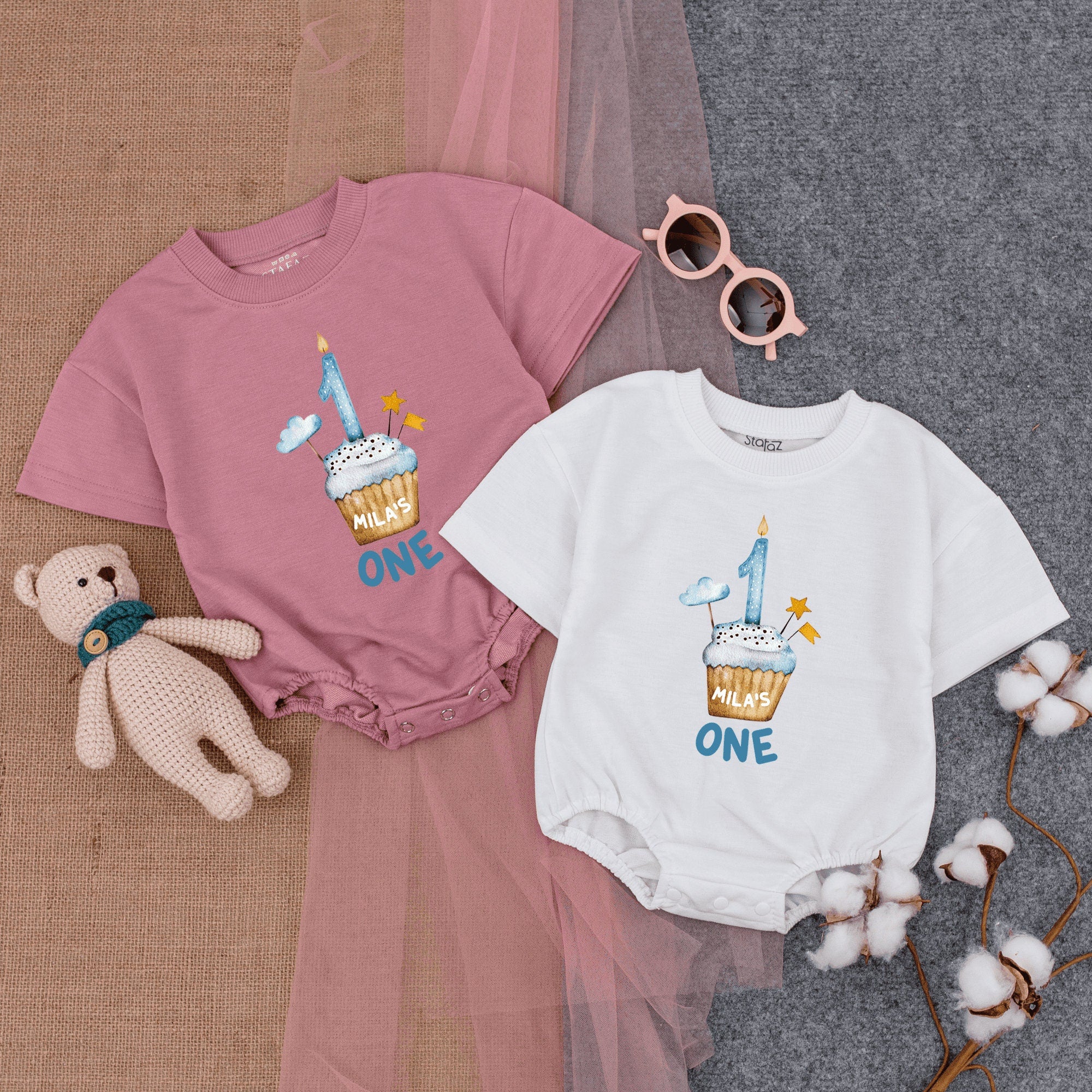 Whimsical First Birthday Romper with Cupcake Design Customizable Name Tag Soft Cotton Infant Boy Party Outfit Playful Pastels