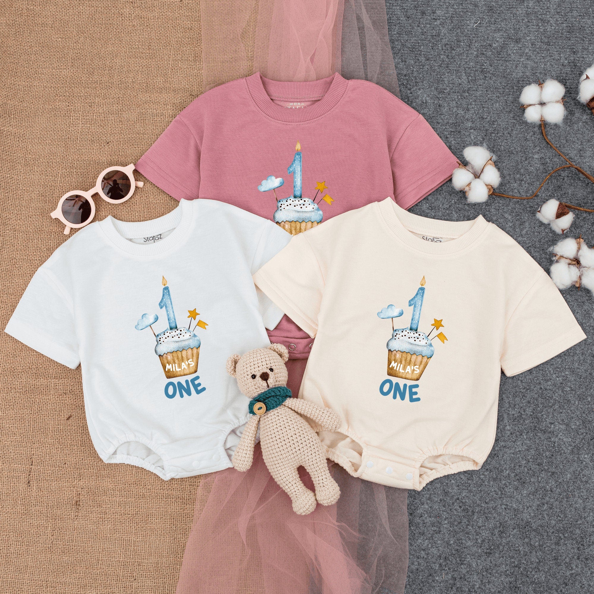 Whimsical First Birthday Romper with Cupcake Design Customizable Name Tag Soft Cotton Infant Boy Party Outfit Playful Pastels