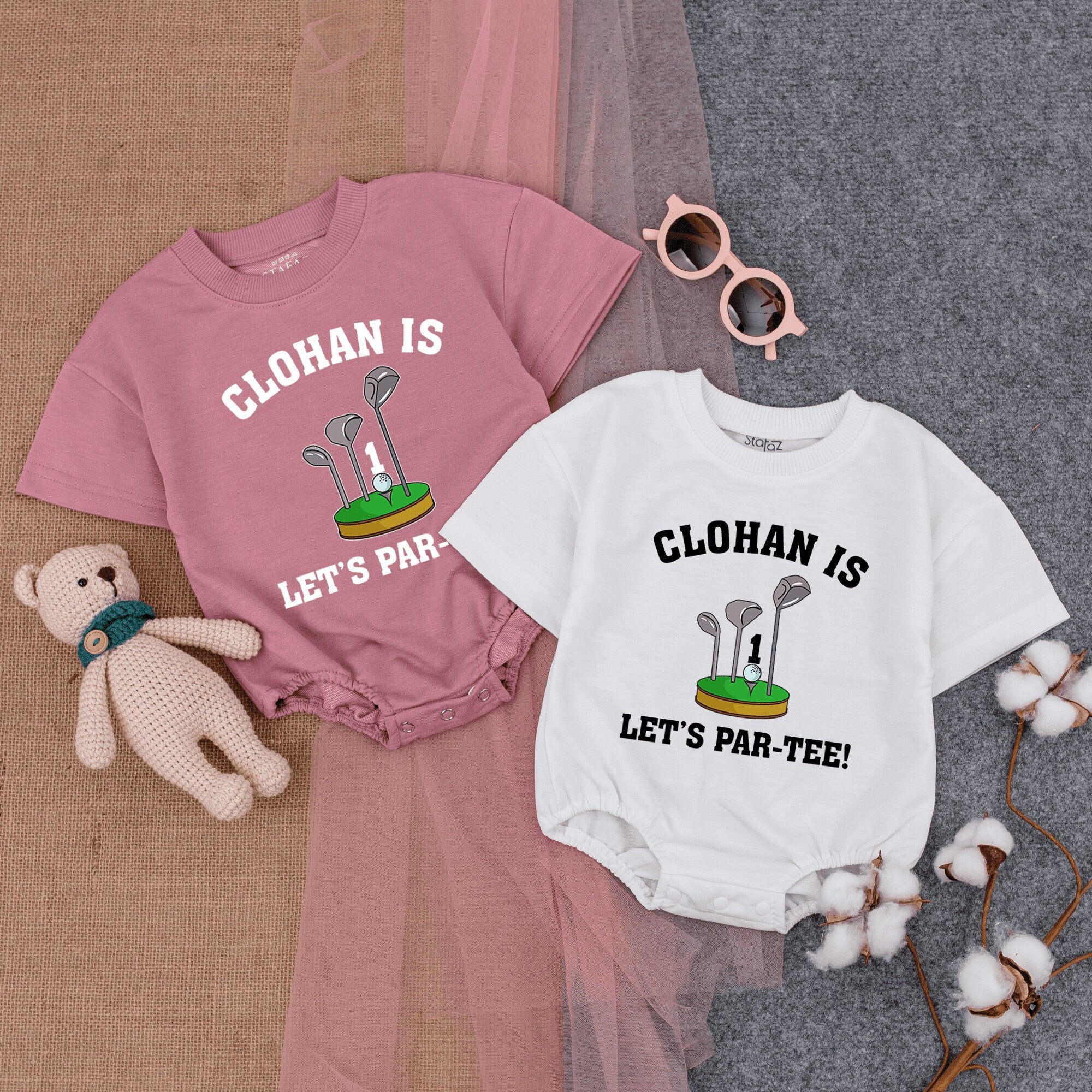 Let's Par-Tee Golf Theme Bubble Romper Infant Birthday Outfit Soft Cotton Fun Green Black Design First Birthday Celebration