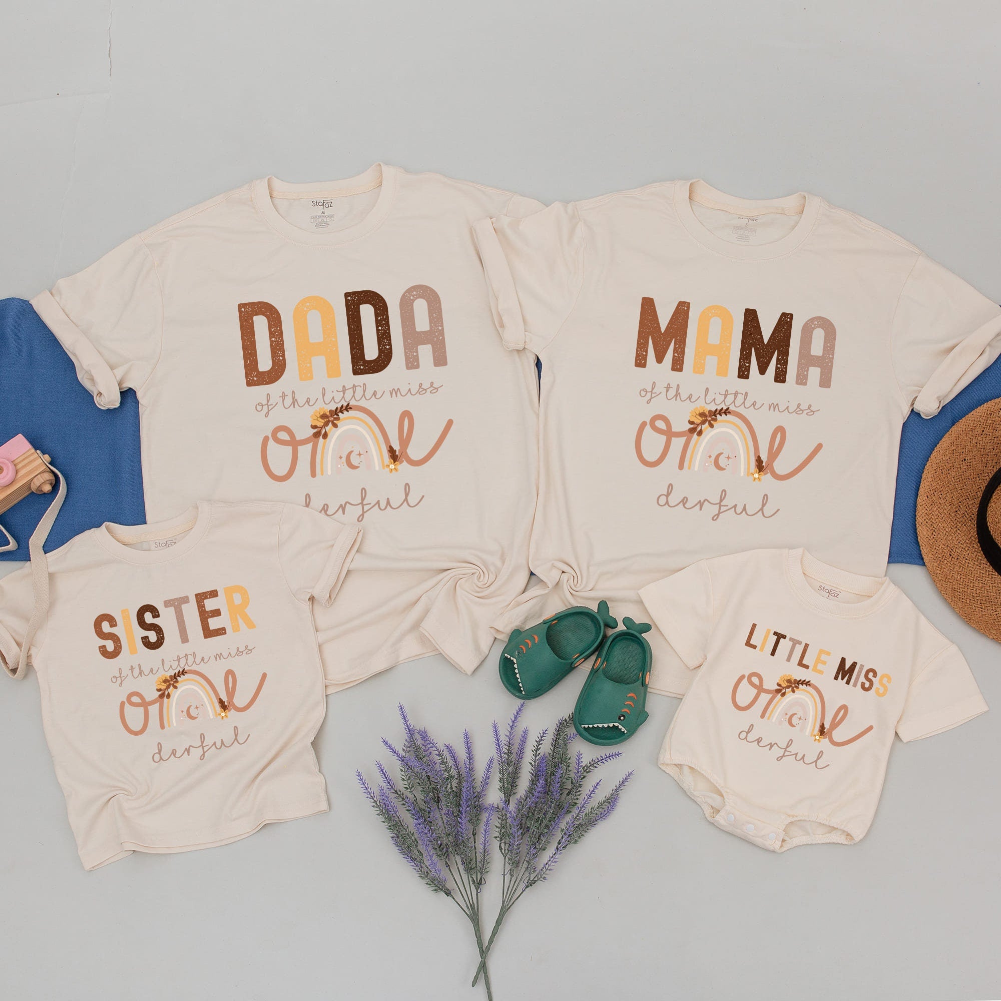 Modern Rainbow Little Miss ONEderful Birthday Shirts Personalized Family Outfit Boho Design 1st Birthday Party for Girls Brothers MAMA DADA