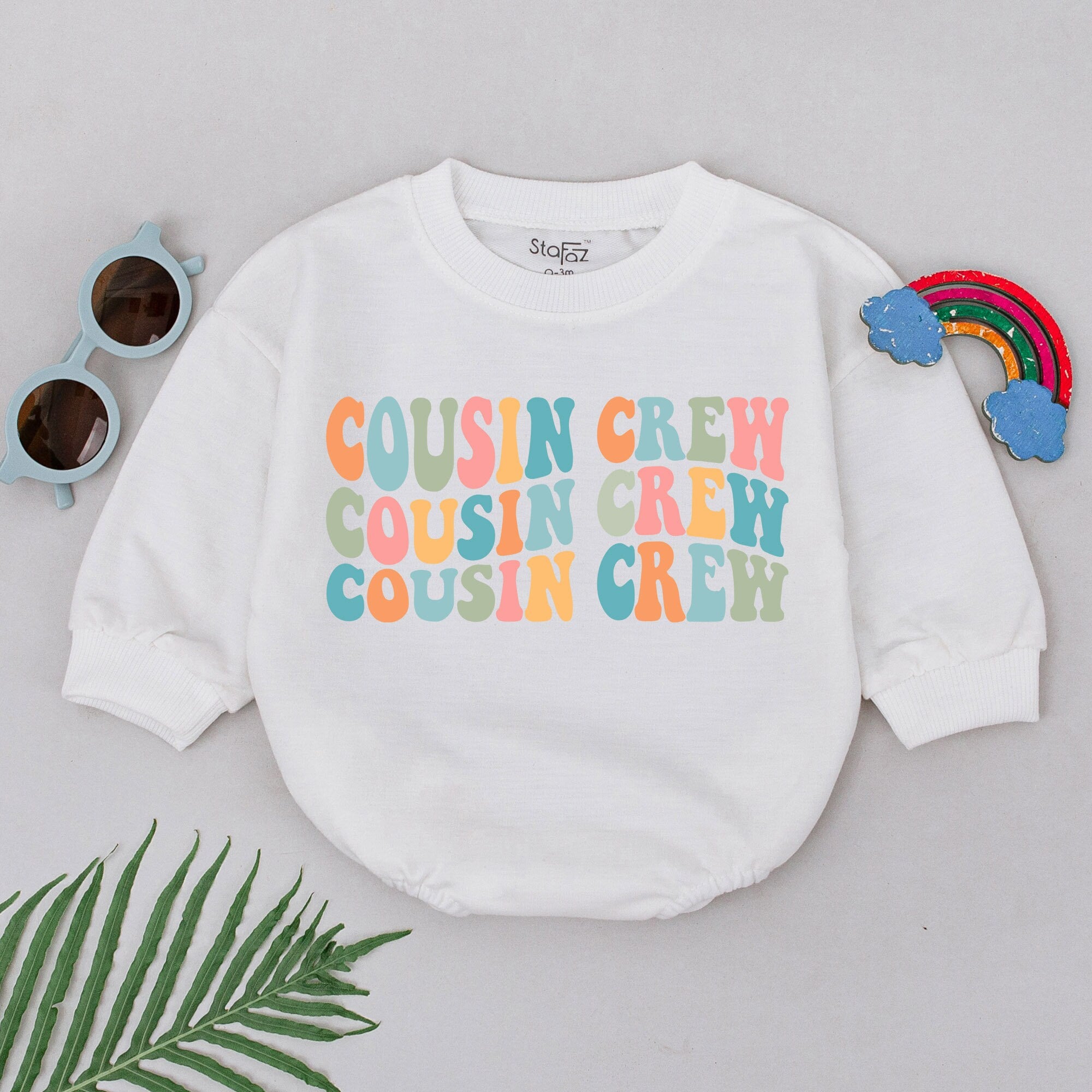 Groovy Cousin Crew Baby Romper with Retro Boho 70s Design in Vibrant Orange Blue Green Shades Comfortable Cotton Outfit Perfect Gift