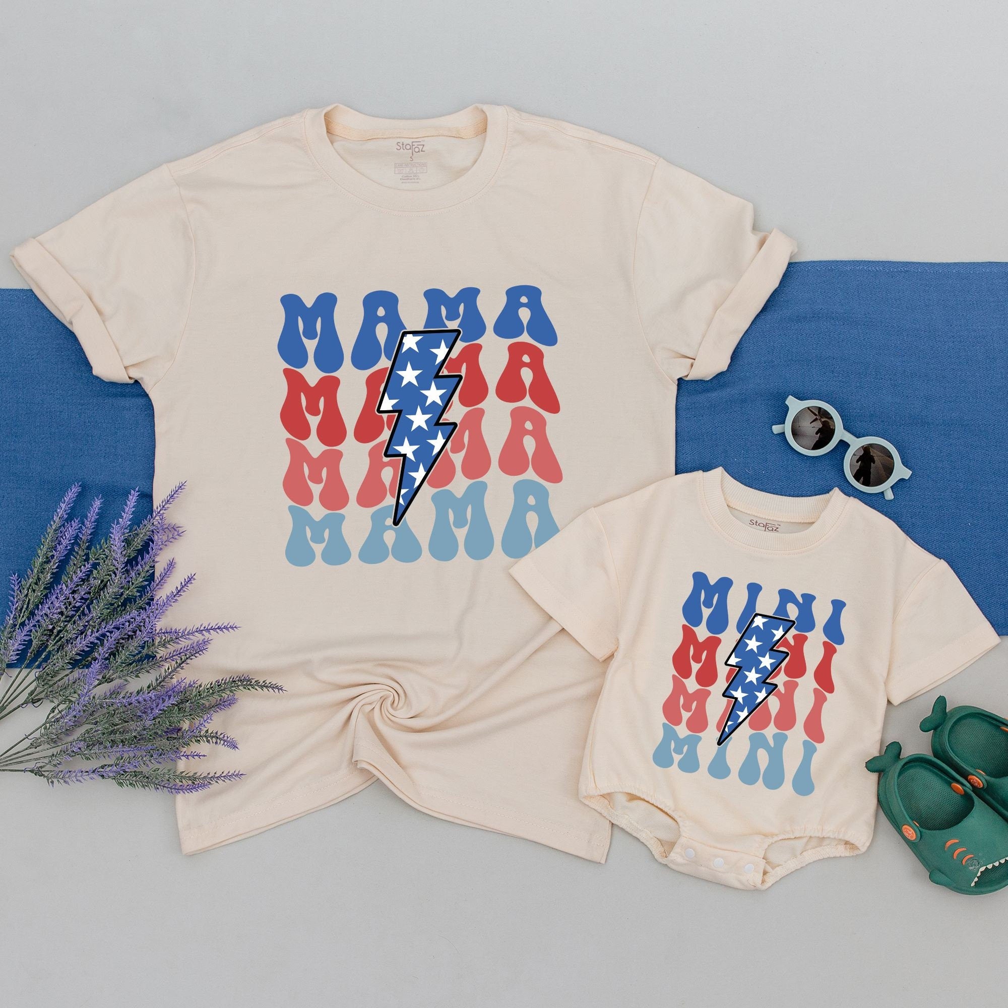 Retro MAMA and Mini Matching Fourth of July T-Shirts Bold Americana Design with Lightning Bolt for Mother and Child