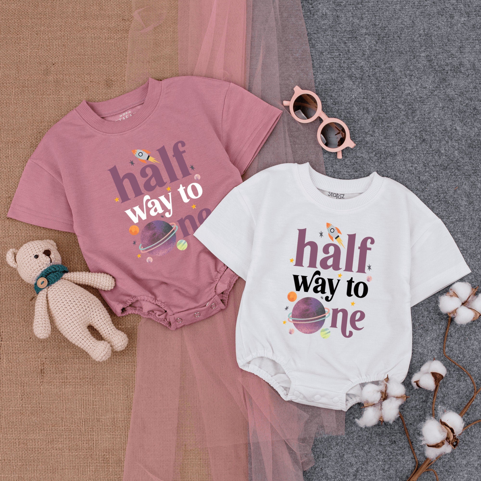 Half Way to One Baby Romper Fun Space Theme Bodysuit for Six Month Birthday Celebration Comfortable Cotton Infant Outfit