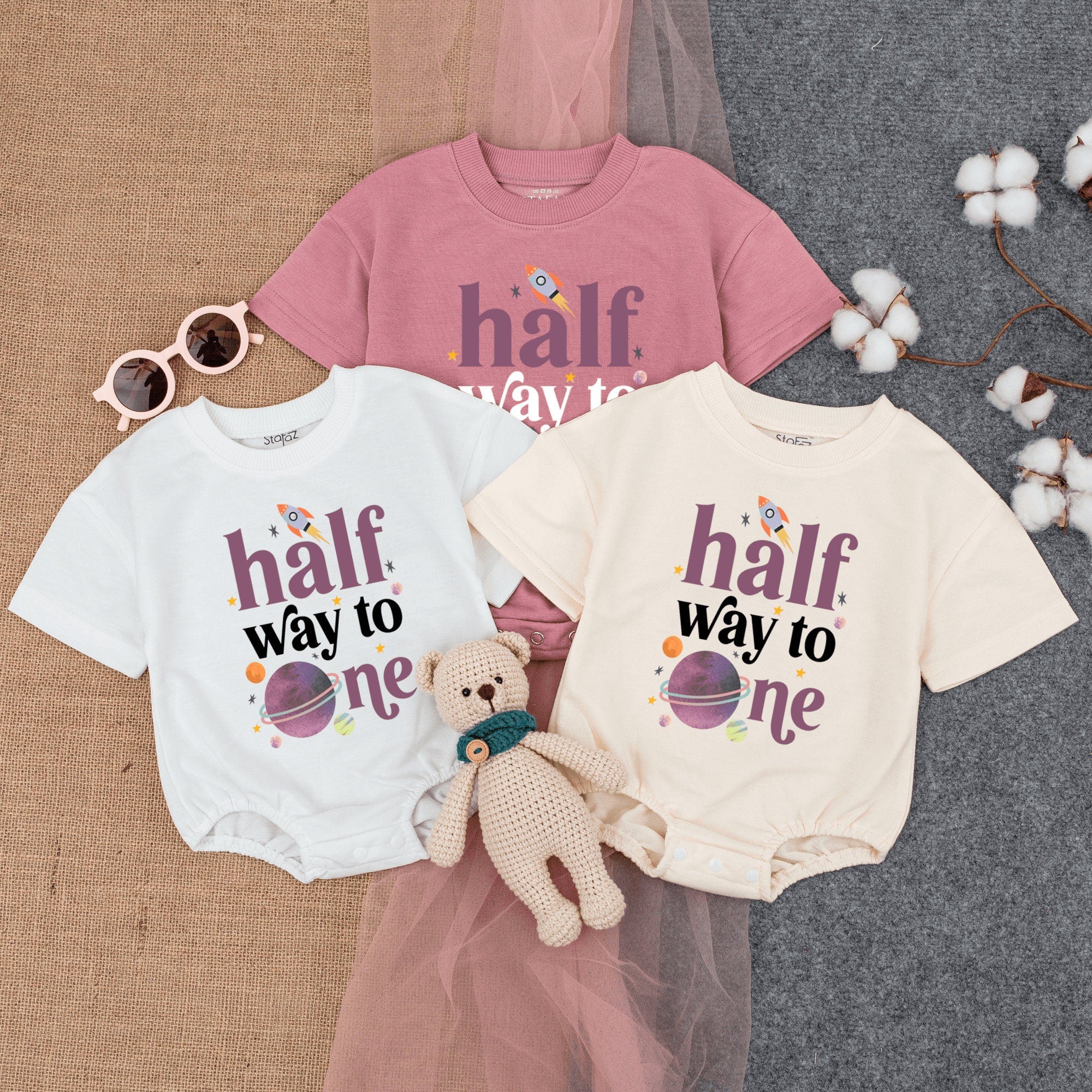 Half Way to One Baby Romper Fun Space Theme Bodysuit for Six Month Birthday Celebration Comfortable Cotton Infant Outfit