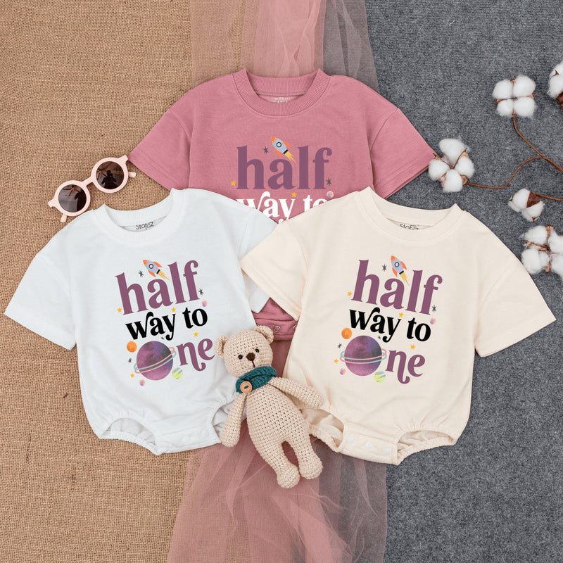 Half Way to One Baby Romper Fun Space Theme Bodysuit for Six Month Birthday Celebration Comfortable Cotton Infant Outfit