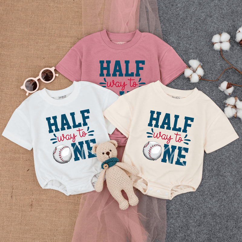Custom Halfway to One Baseball Romper for Baby's Half Birthday, Soft Cotton Short Sleeve Outfit with Personalized Name, Milestone Gift