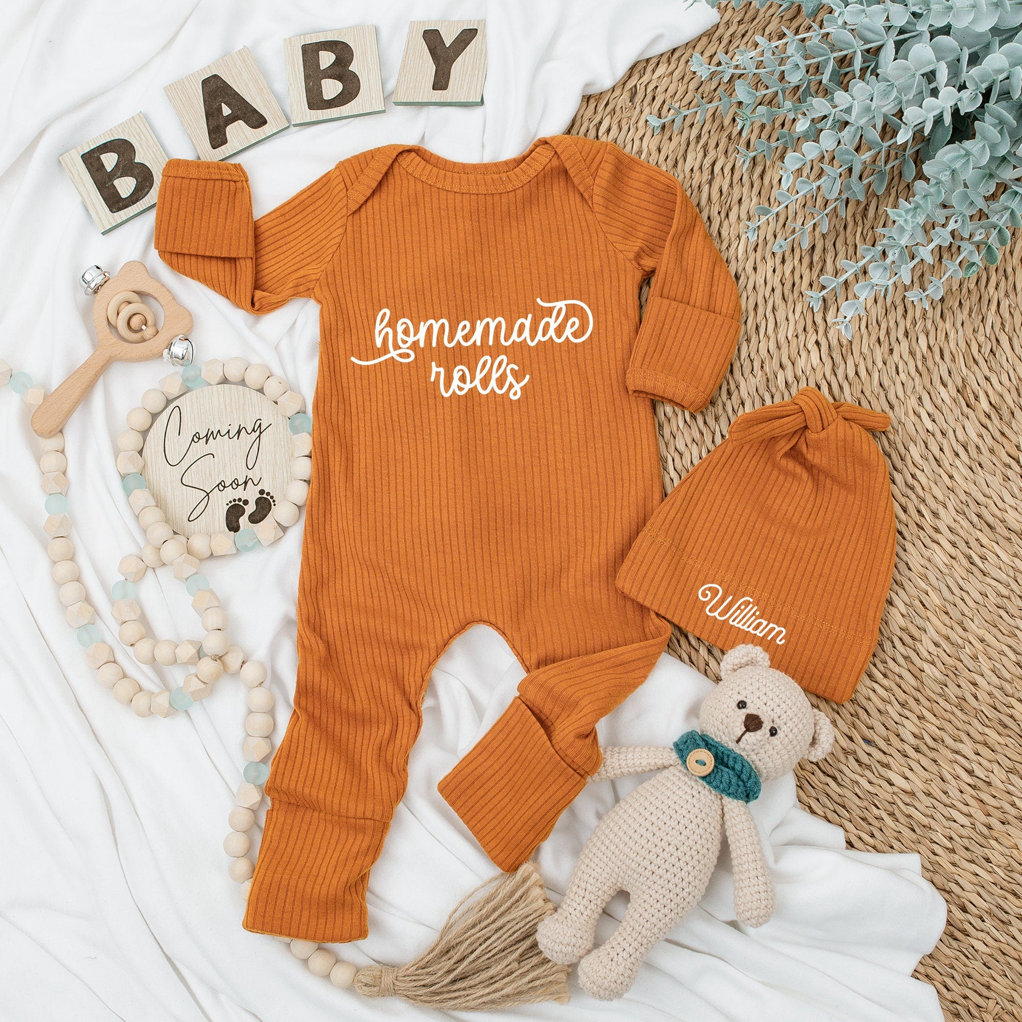 Homemade Rolls Baby Bodysuit & Hat Set with Name Customization