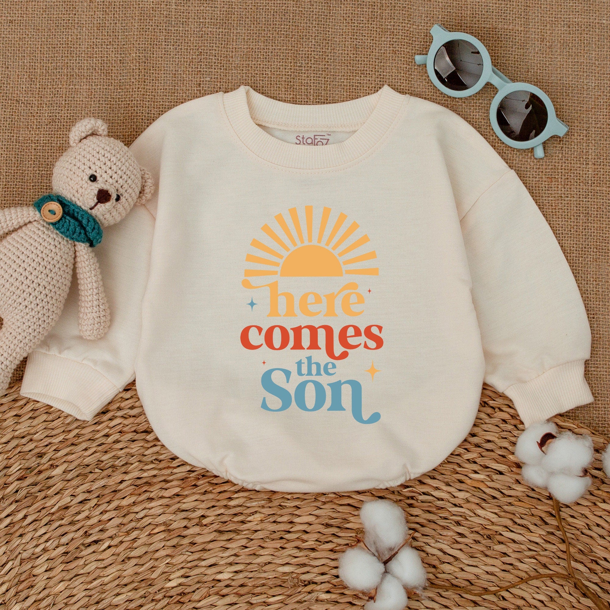 Here Comes the Son Baby Romper with Sunshine Design Summer Infant Bodysuit Minimalist Newborn Outfit Cotton Comfortable Gift