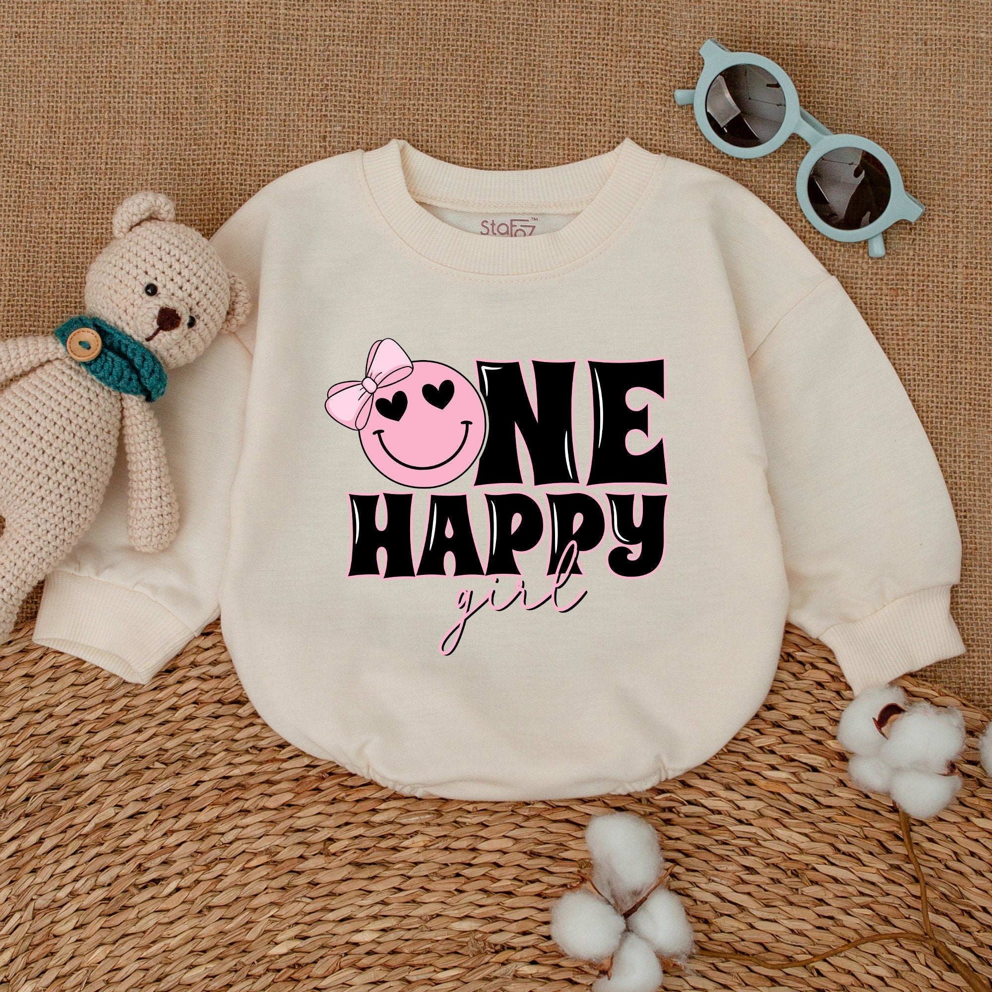 One Happy Girl Romper with Smiley Face Bow Birthday Outfit